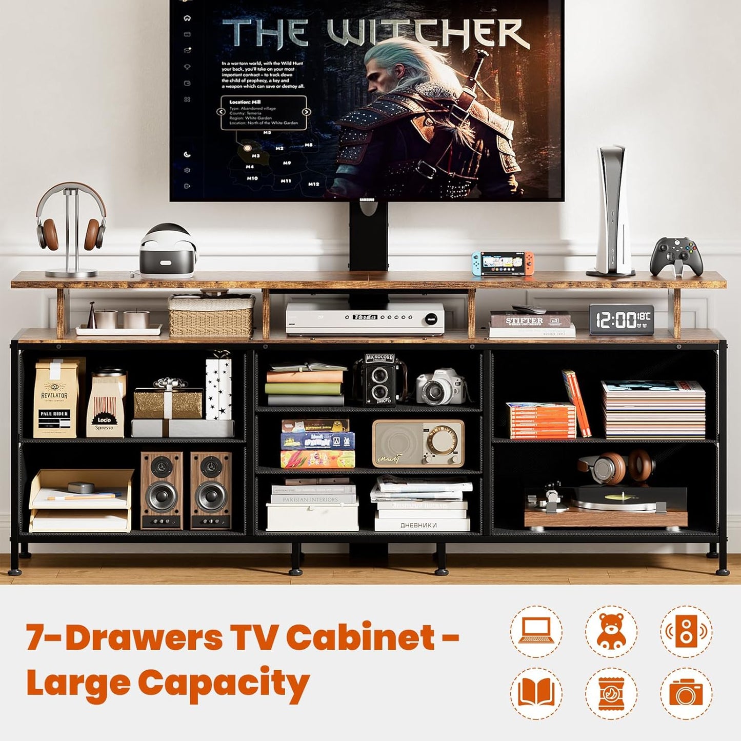 TV Stand with Mount, 63" Entertainment Center for 32/45/55/60/65/70 Inch Tvs, Media Console Table with 7 Drawers, Height Adjustable Mount, Dresser TV Stand for Living Room, Rustic Brown