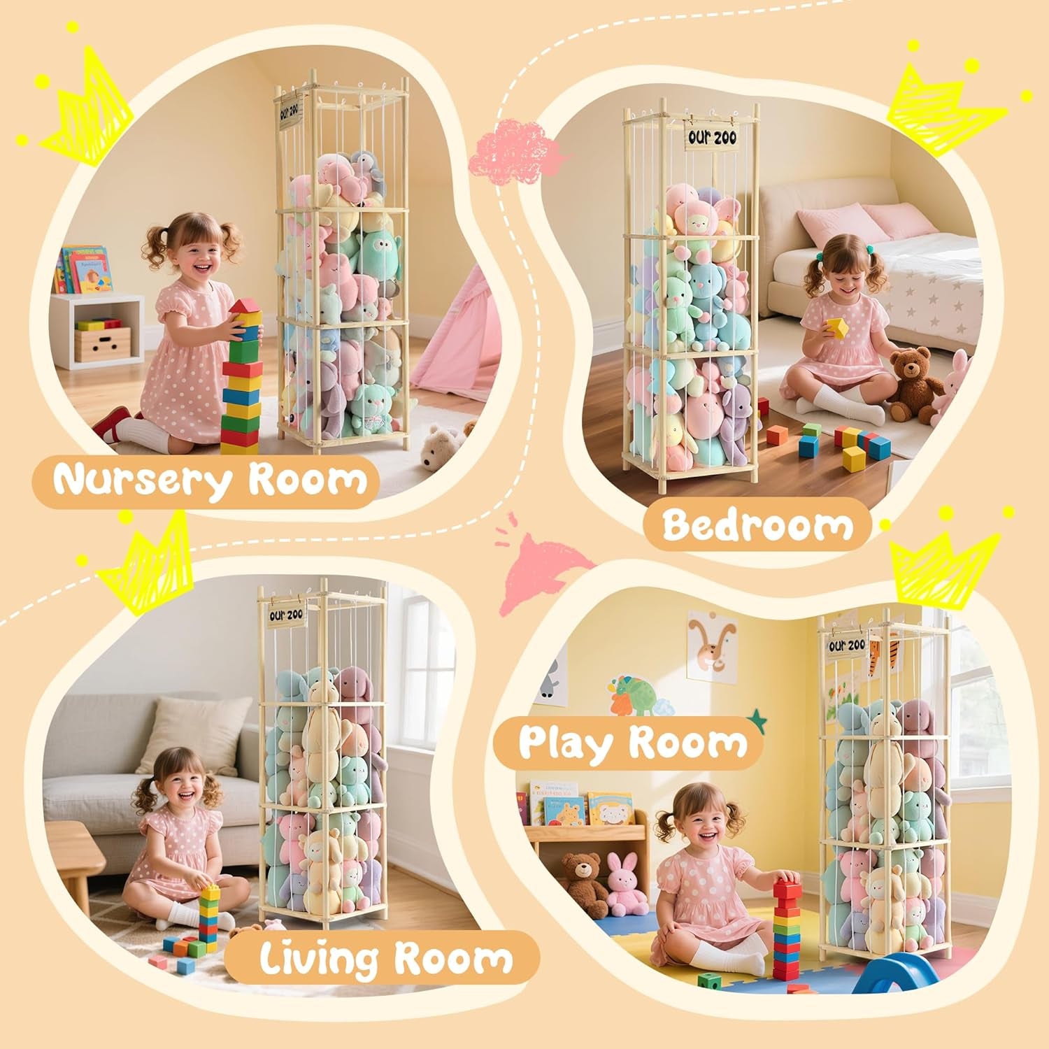 Stuffed Animal Storage, Wooden Zoo Stuffed Animal Holder with Elastic Cords, Space save Toy Organizer, Extra Large Capacit Stuffed Animal Organizer for Playroom, Bedroom, Nursery