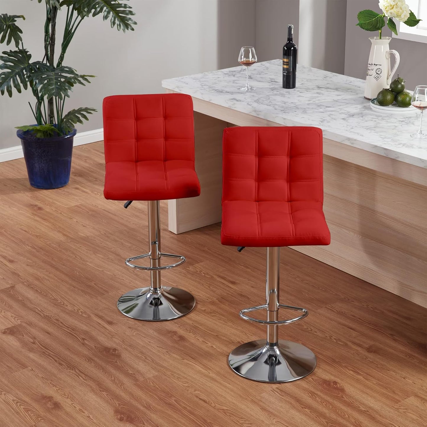 Bar Stools 1 Set of 2, Counter Height Bar Stools, Square Cushion Bar Stools with Back, Footstool, Cafe, Red, 2 Pieces