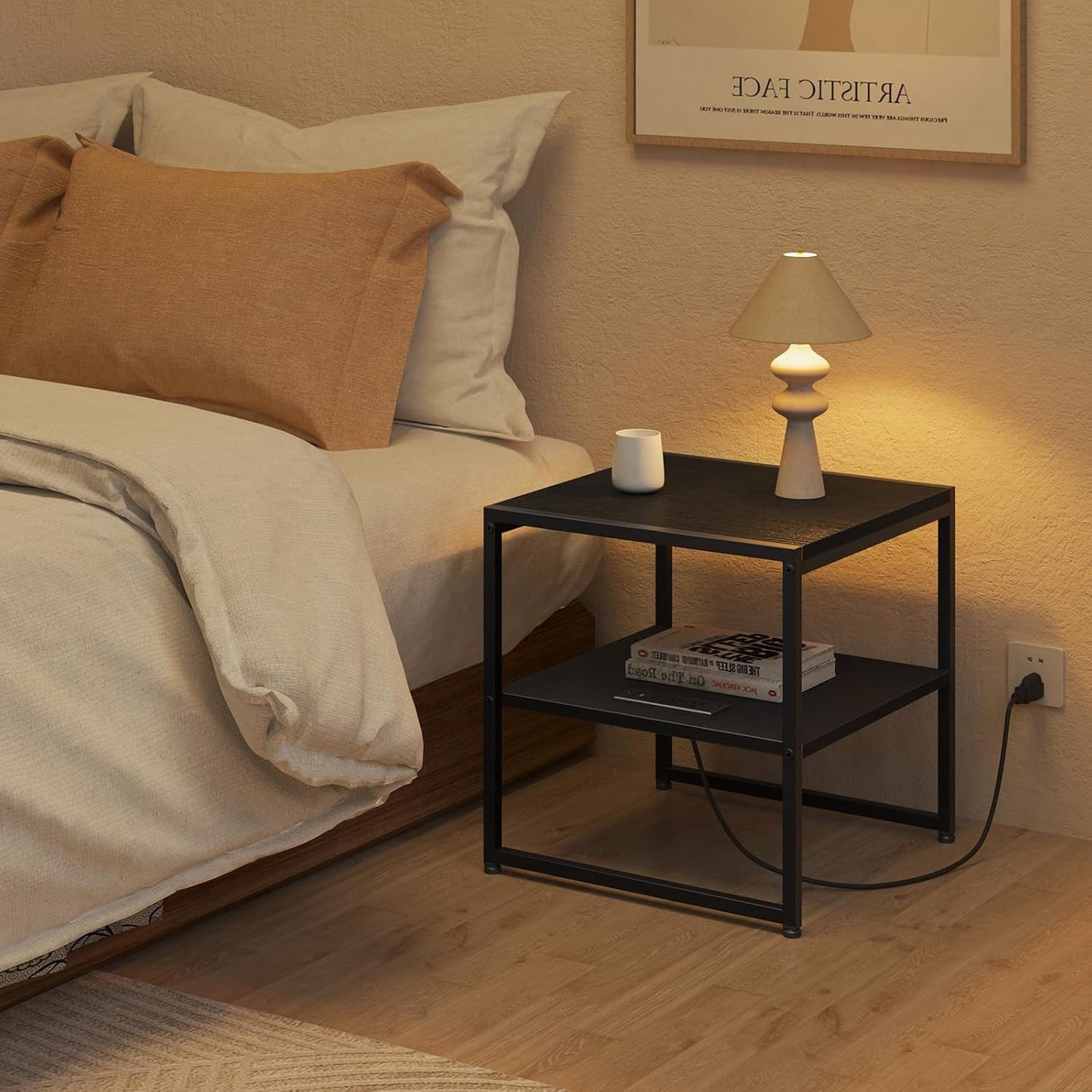 20" End Table with Charging Station, Industrial Square Side Table with USB Ports & Outlets, Versatile 2-Tier Small Nightstand for Bedroom Living Room, Black