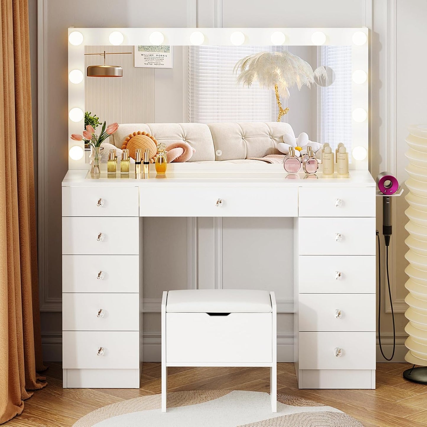 Vanity with Lighted Mirror - Makeup Vanity Desk with Glass Top and 11 Drawers, 3 Color Lighting Modes Adjustable Brightness, 46" Vanity Table with Soft Cushioned Stool for Bedroom, White