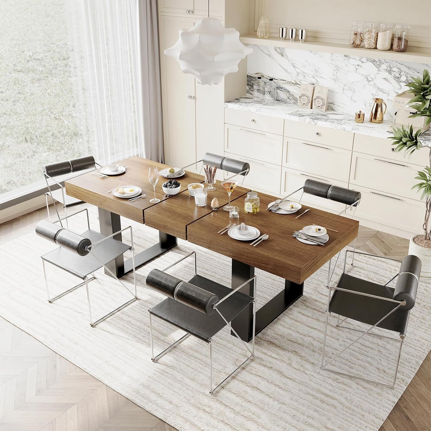 Farmhouse Rustic Extendable Dining Room Table for 8 10, 70.9" (86.6") X 31.5", Rectangular Dinner Table for 6-10, Mid Century Modern Expandable Retractable Wooden Kitchen Table (Brown)