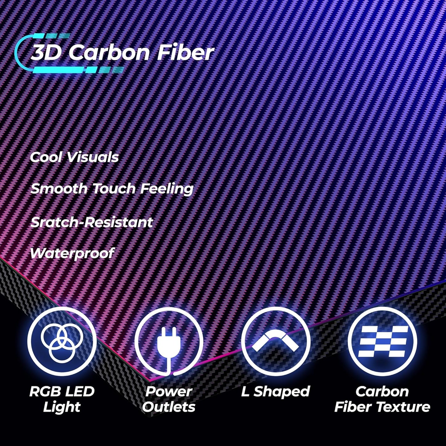 Carbon fiber black L shaped gaming desk with power outlets and LED lights, view 8