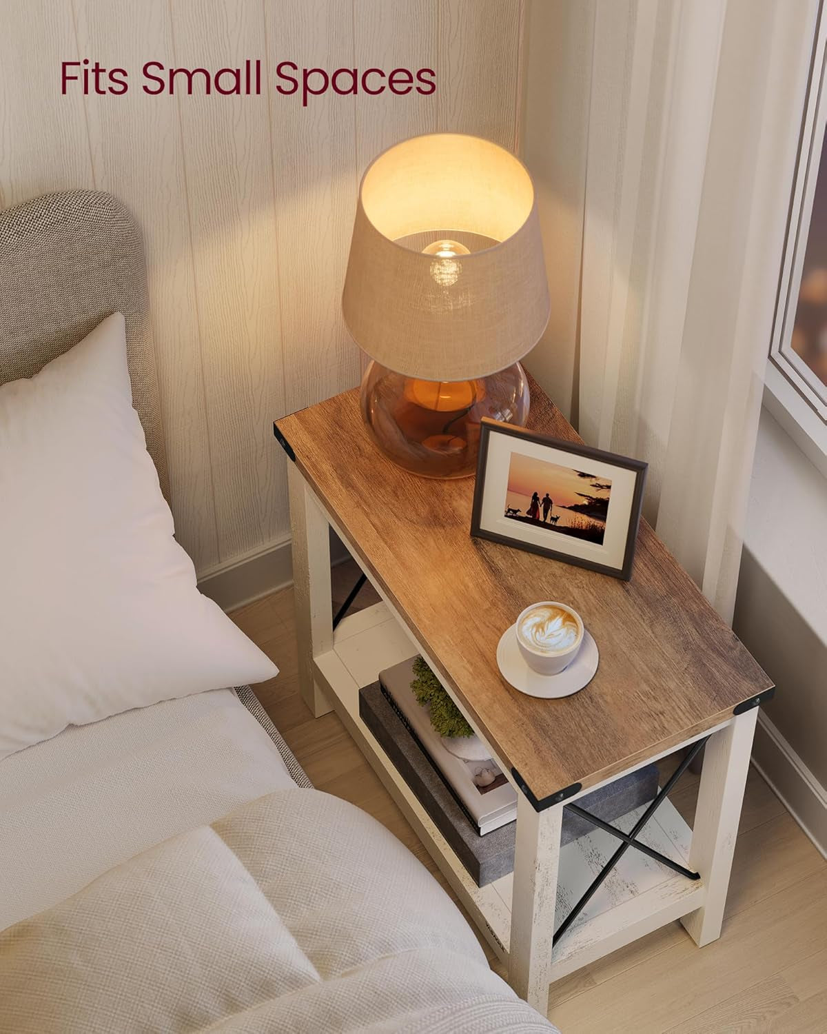 2-Tier End Table, Side Table with Bottom Shelf, Nightstand for Small Spaces, for Living Room, Bedroom, Farmhouse Style, Rustic White and Honey Brown ULET235W01