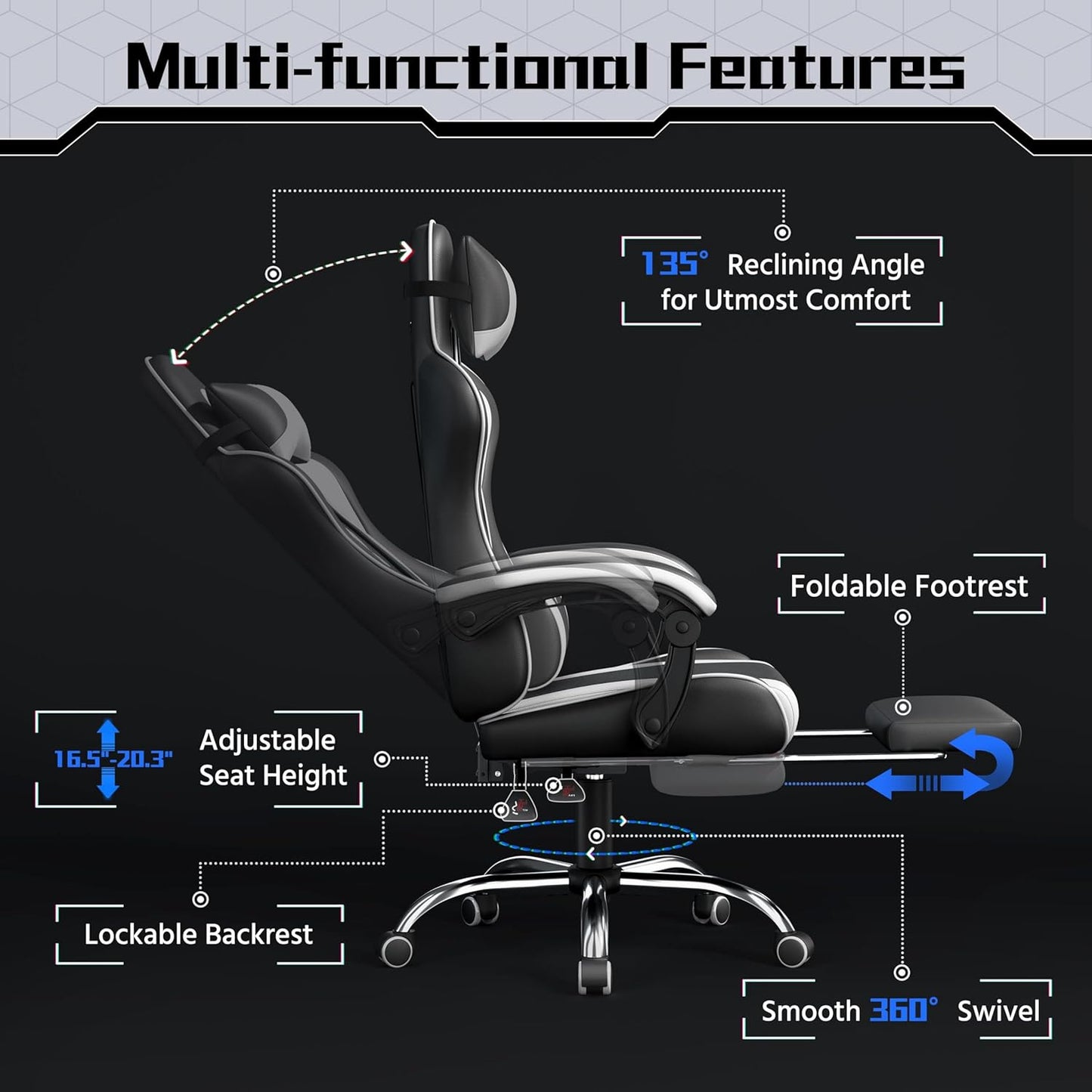 Gaming Chair, Video Game Chair with Massage Lumbar Support and Footrest Height Adjustable Ergonomic Computer Gaming Chair with Swivel Seat and Headrest, Black/White