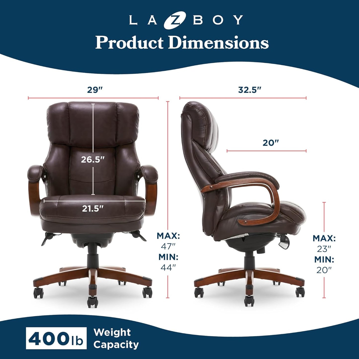 ® Fairmont Big and Tall Executive Office Chair with Memory Foam Cushions, High-Back Swivel Desk Chair with Wood Arms and Base, Bonded Leather, Brown