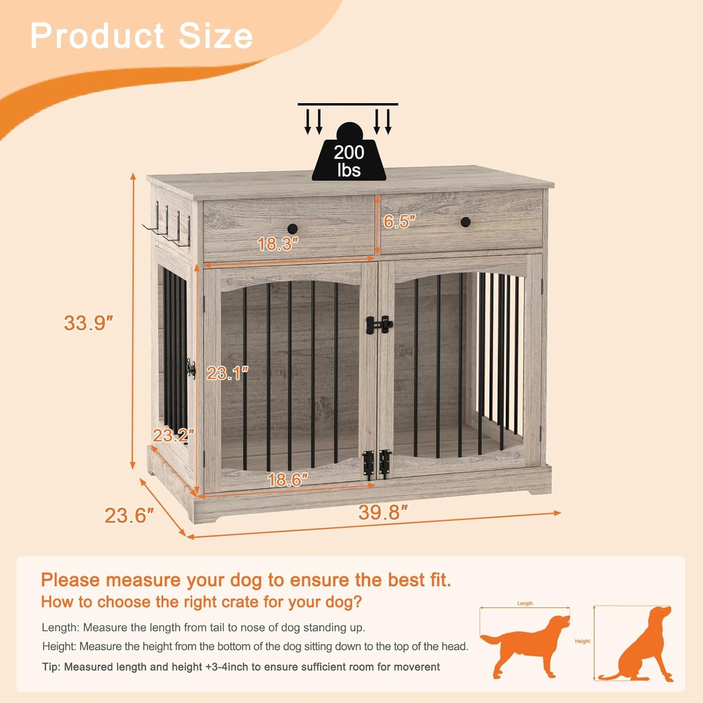 40 Inch Dog Crate Furniture-Farmhouse Dog Kennel with Drawers-End Table Wooden Pet Crate, Double Door Design, Decorative Dog House Indoor for Small Medium Large Dog, Oak Grey
