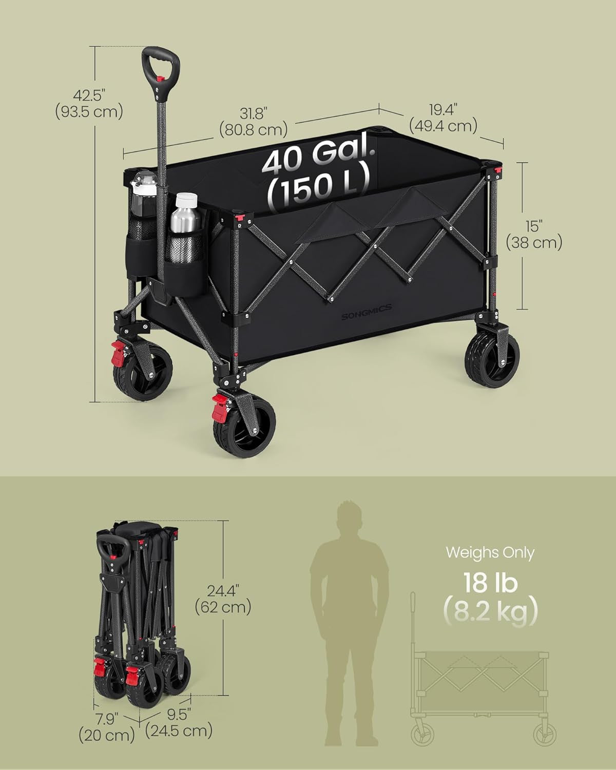 40-Gallon Collaspible Wagon, Wagons Carts Foldable, for Camping Garden Outdoor, with Handle, Holds up to 330 Lb, 4 Removable Wheels, Space-Saving, Ink Black UGFW115B01