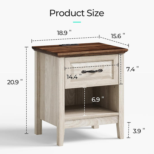 Night Stand 18.9" Farmhouse Wood Night Stand with Type-C Charging Station Open Storage Shelf Nightstands with Drawer Side Table End Table for Bedroom Living Room Sofa Couch Office Beige