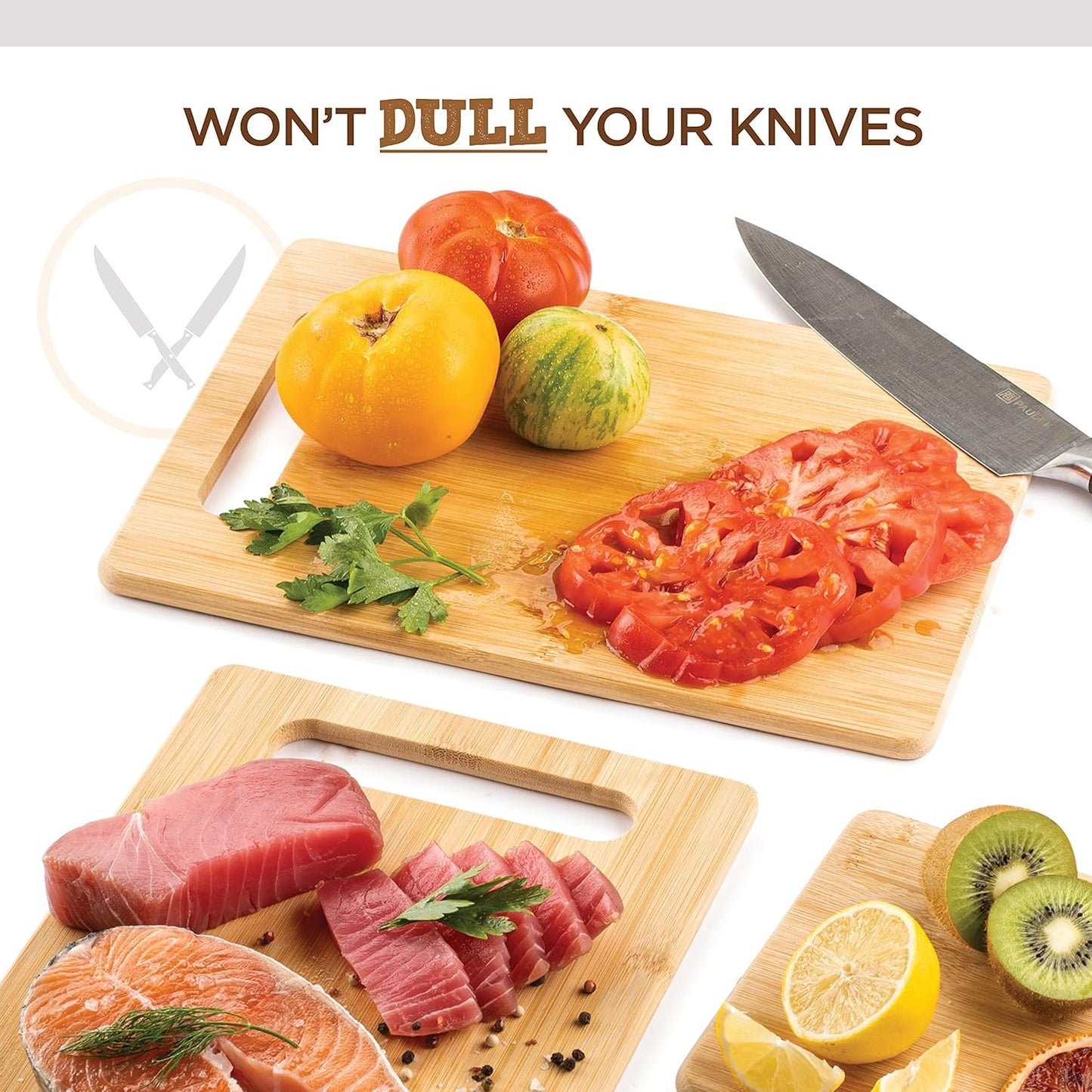 3 Piece Cutting Board Set - Reversible Bamboo Wood Cutting Boards for Kitchen, Chopping Meat, Vegetables, Fruit, Cheese, Charcuterie - Assorted Sizes with Handles for Meal Prep & Serving, Kitchen Gift