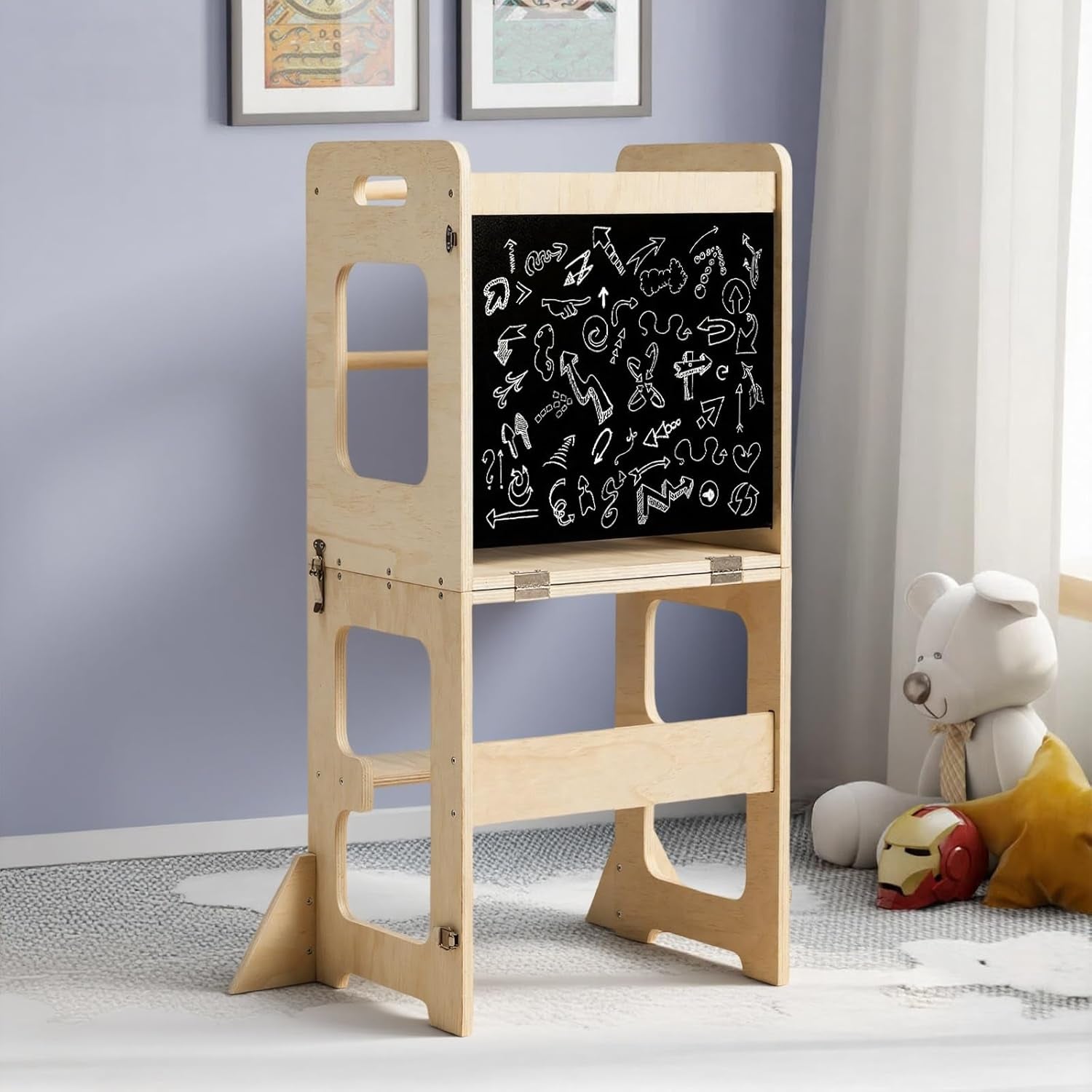 Toddler Standing Tower for 12M+, Montessori Foldable Learning Standing Tower with Blackboard, Anti-Tip Structure Design,Wooden Kitchen Step Helper Stool for 1-3 Year Old Boy Girl Gift