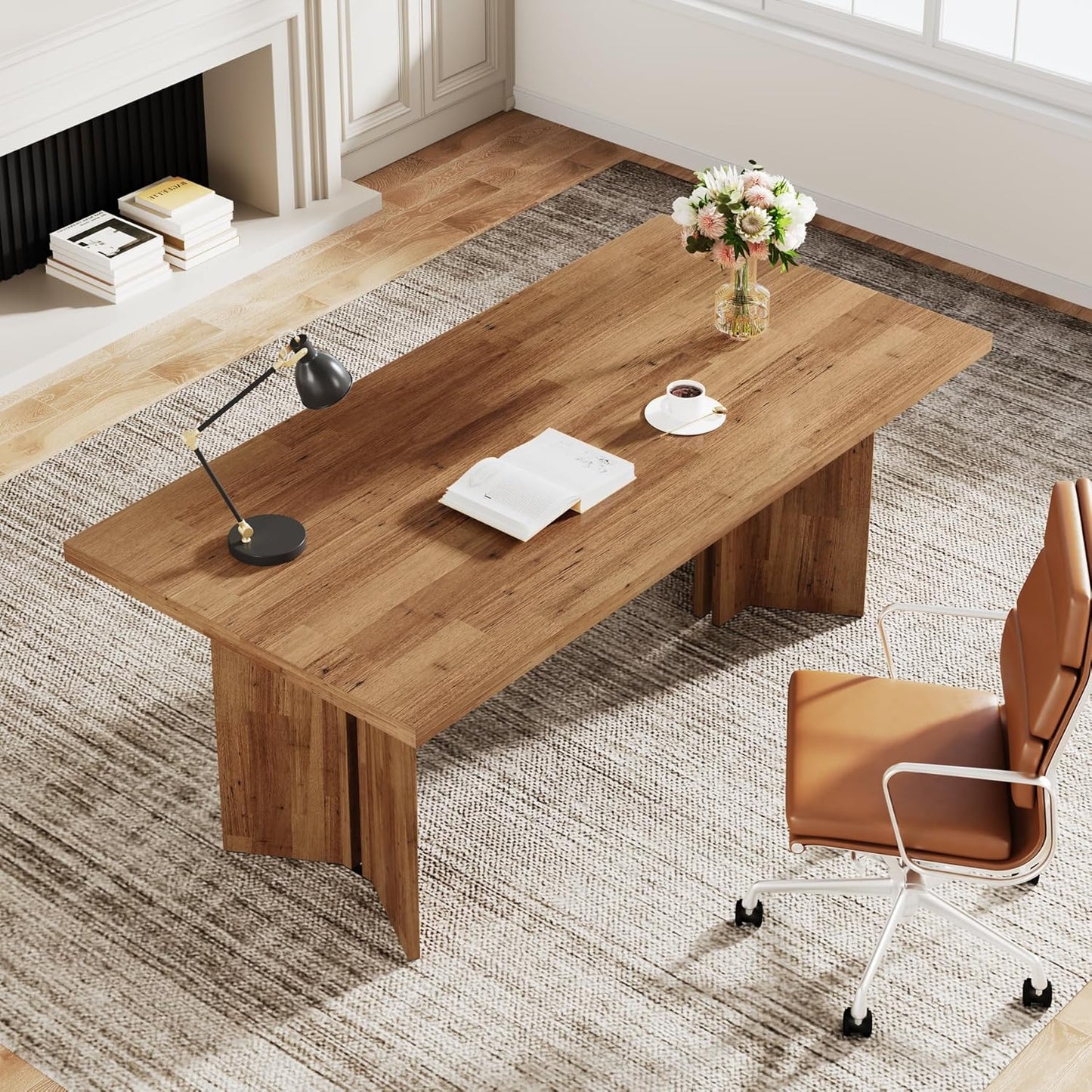 63-Inch Executive Desk, Vintage Home Office Computer Desk with Large Tabletop, Farmhouse Wood Writing Conference Table Workstation for Office, Study, Walnut Brown
