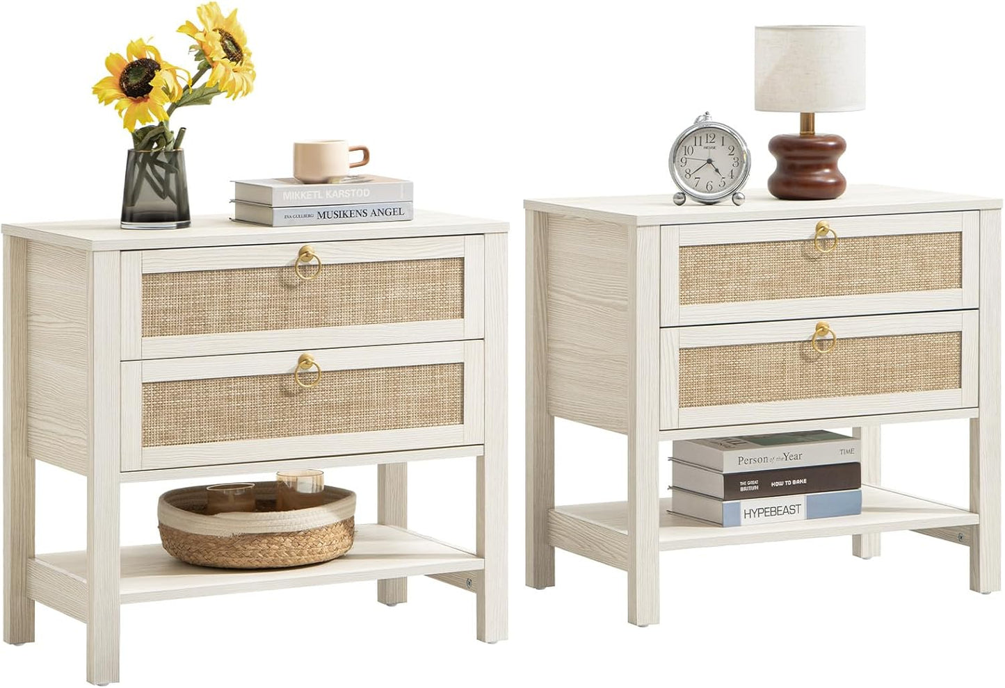 White Night Stand Set of 2, Large Nightstand with Drawers and Storage Shelf - Rattan Boho Bedside Table Narrow Side Table for Bedroom, Small Space