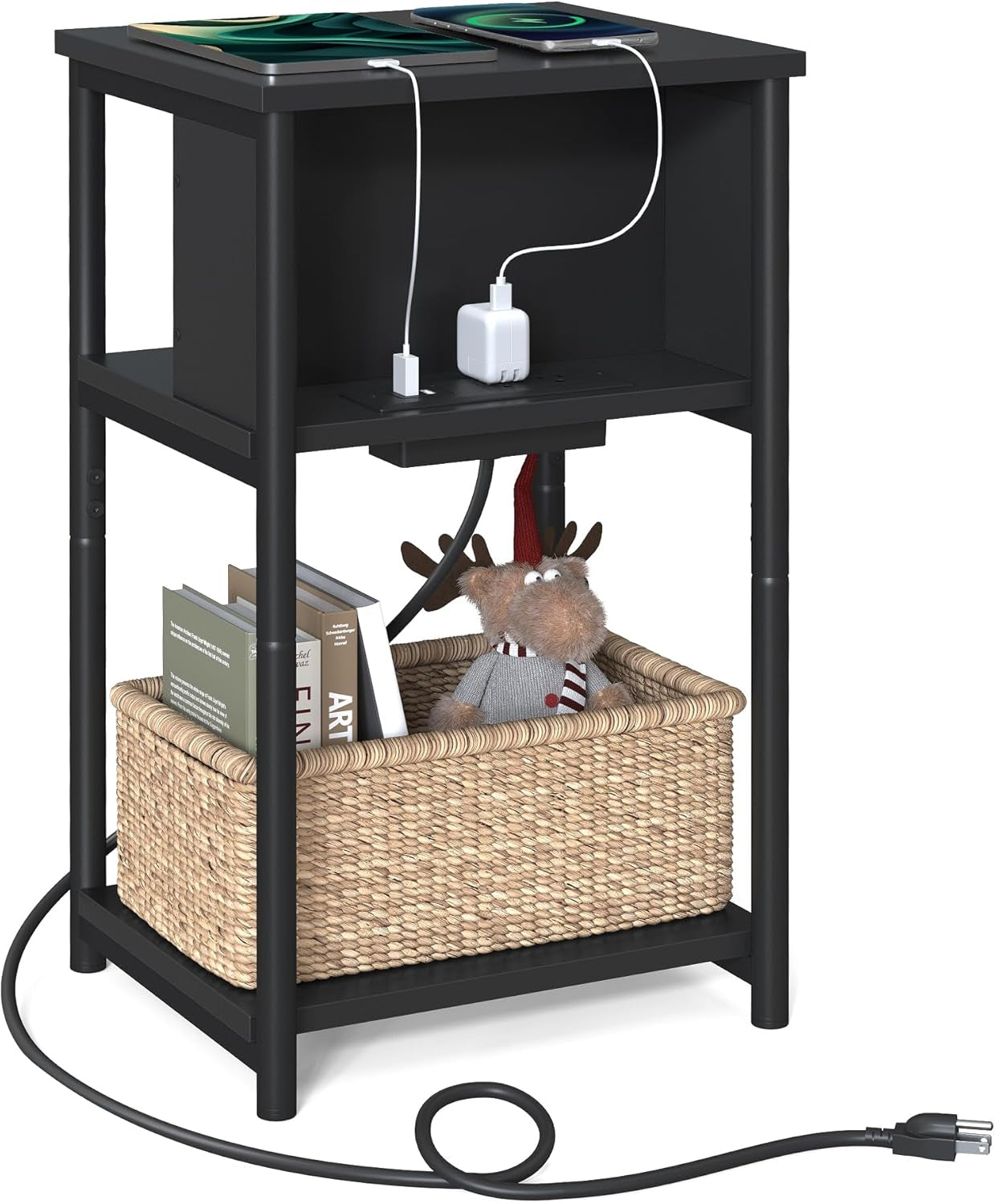 Side Table with Charging Station, 3-Tier End Table with USB Ports and Outlets, Nightstand for Living Room, Bedroom, 11.8 X 13.4 X 22.8 Inches, Plug-In Series, Black