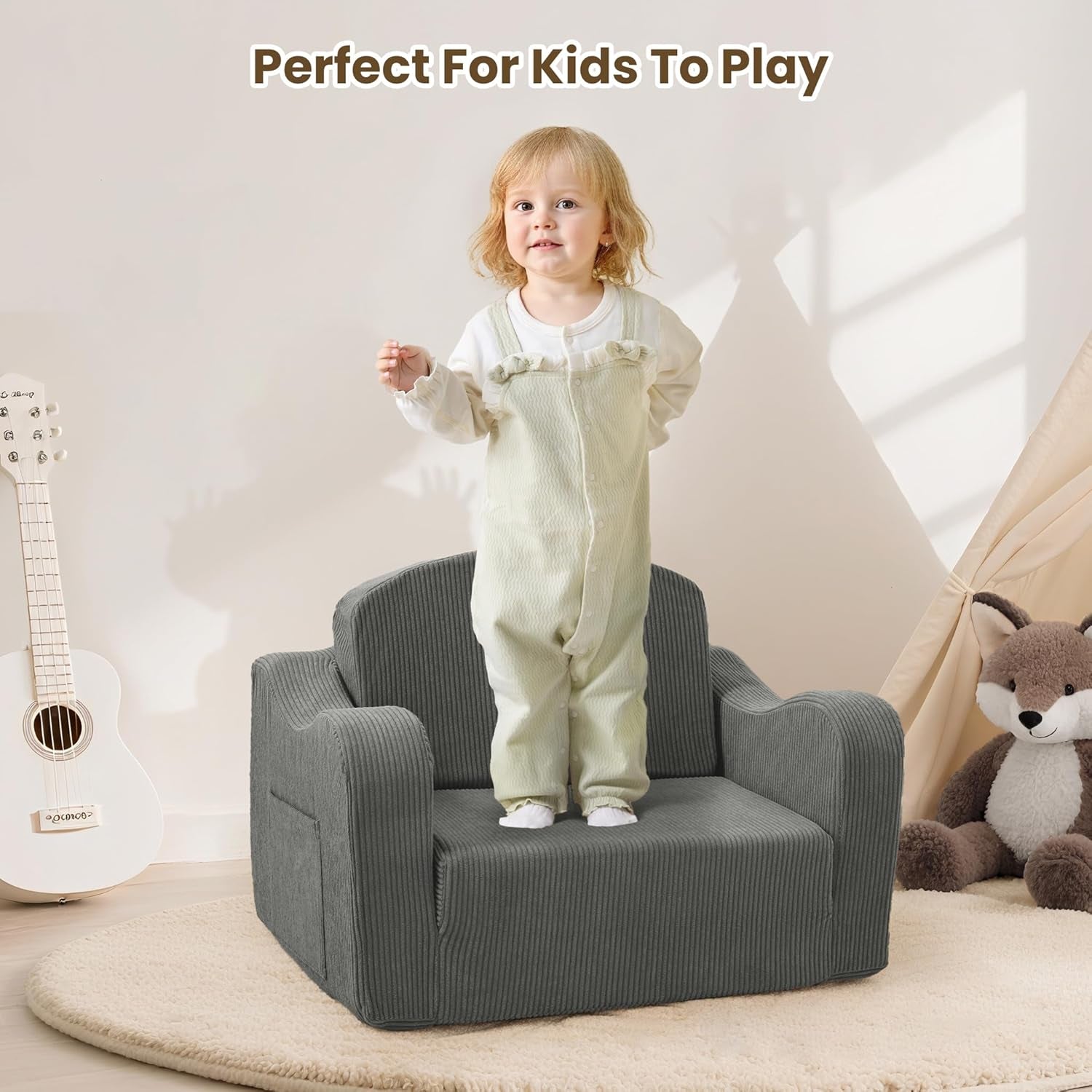 Comfy Toddler Chair for Kids, 2-In-1 Toddler Soft Plush Couch Fold Out, Convertible Kids Couch to Lounger, Baby Sofa for Boys and Girls,Grey