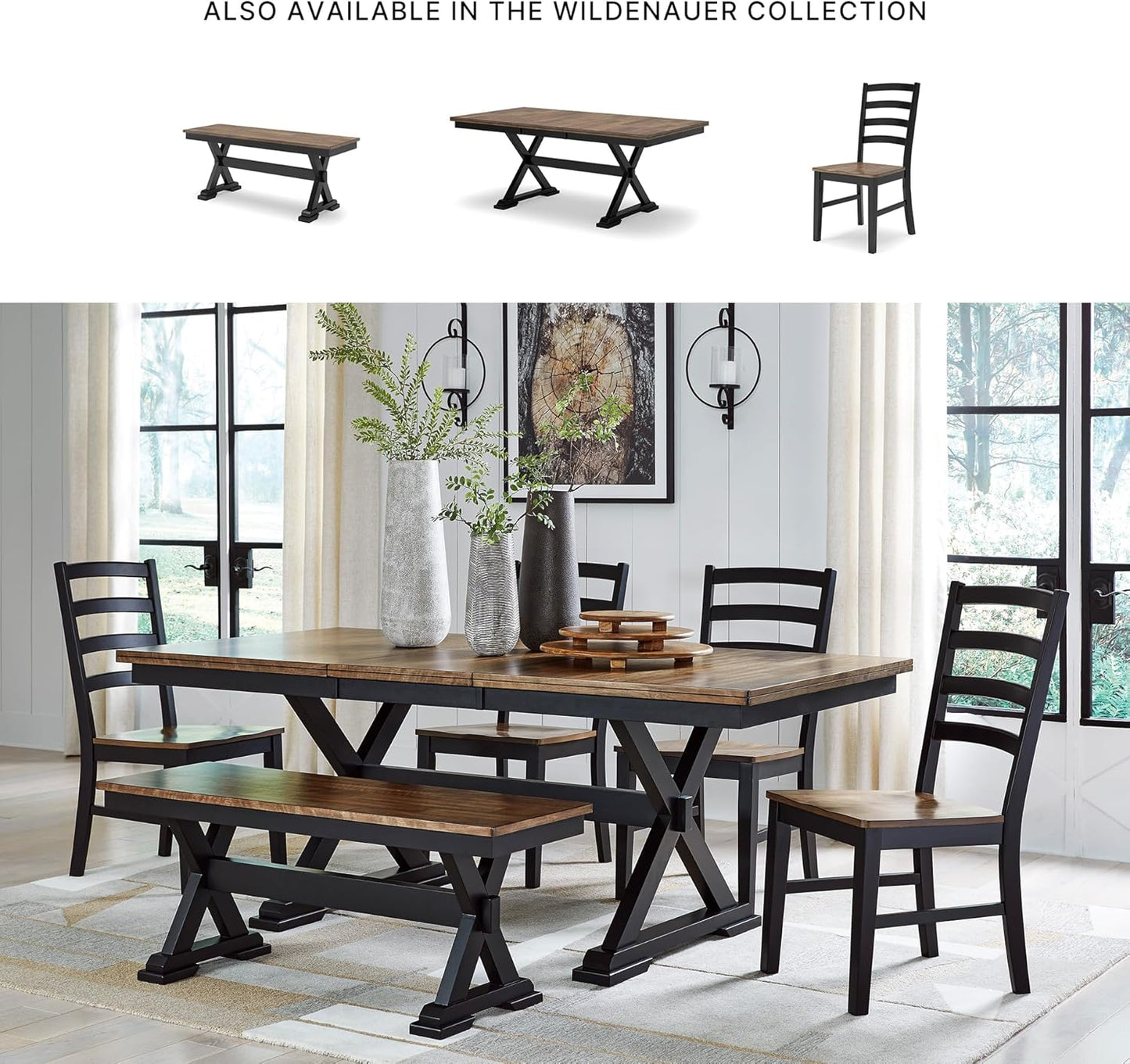 Wildenauer Farmhouse 50" Dining Bench, Dark Brown & Black
