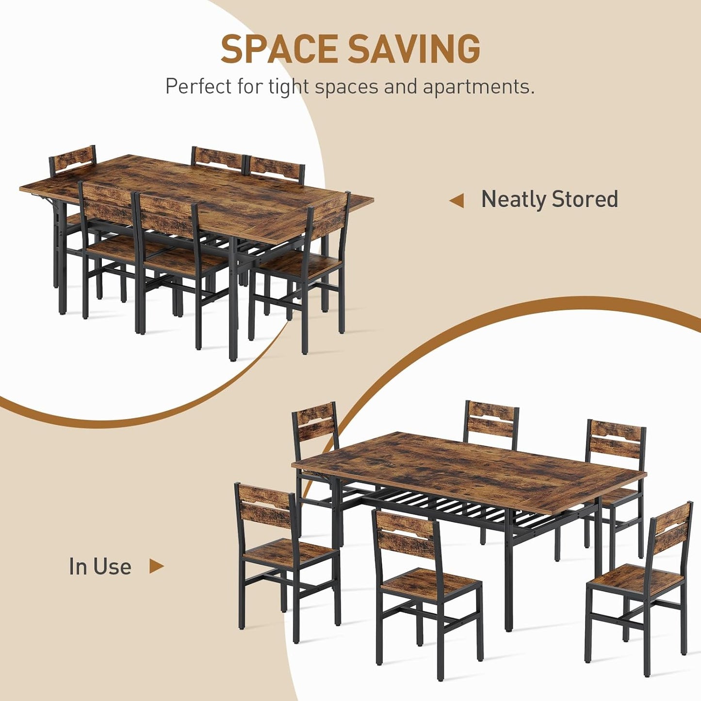 7-Piece Dining Table Set for 4-6, 63" Extendable Kitchen Table and 6 Chairs, Rectangle Dining Room Table Set for 6 with Wine Rack for Small Saving Space, Rustic Brown and Black