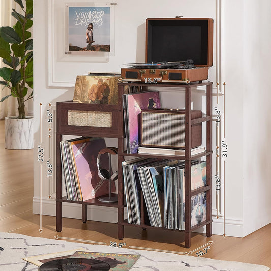 Record Player Stand, Vintage Walnut Wood Record Holder with Vinyl Storage Holds up to 300+ Albums, 3-Tier Rattan Media Table with Vinyl Display Shelf, Record Storage Cabinet for Living Room
