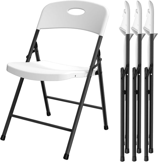 Folding Chair 4 Pack, Outdoor Plastic Sturdy Metal White Folding Chairs for outside Indoor, Portable 350 Lbs Capacity Heavy Duty Foldable Commercial Seating for Picnic, Party, Patio