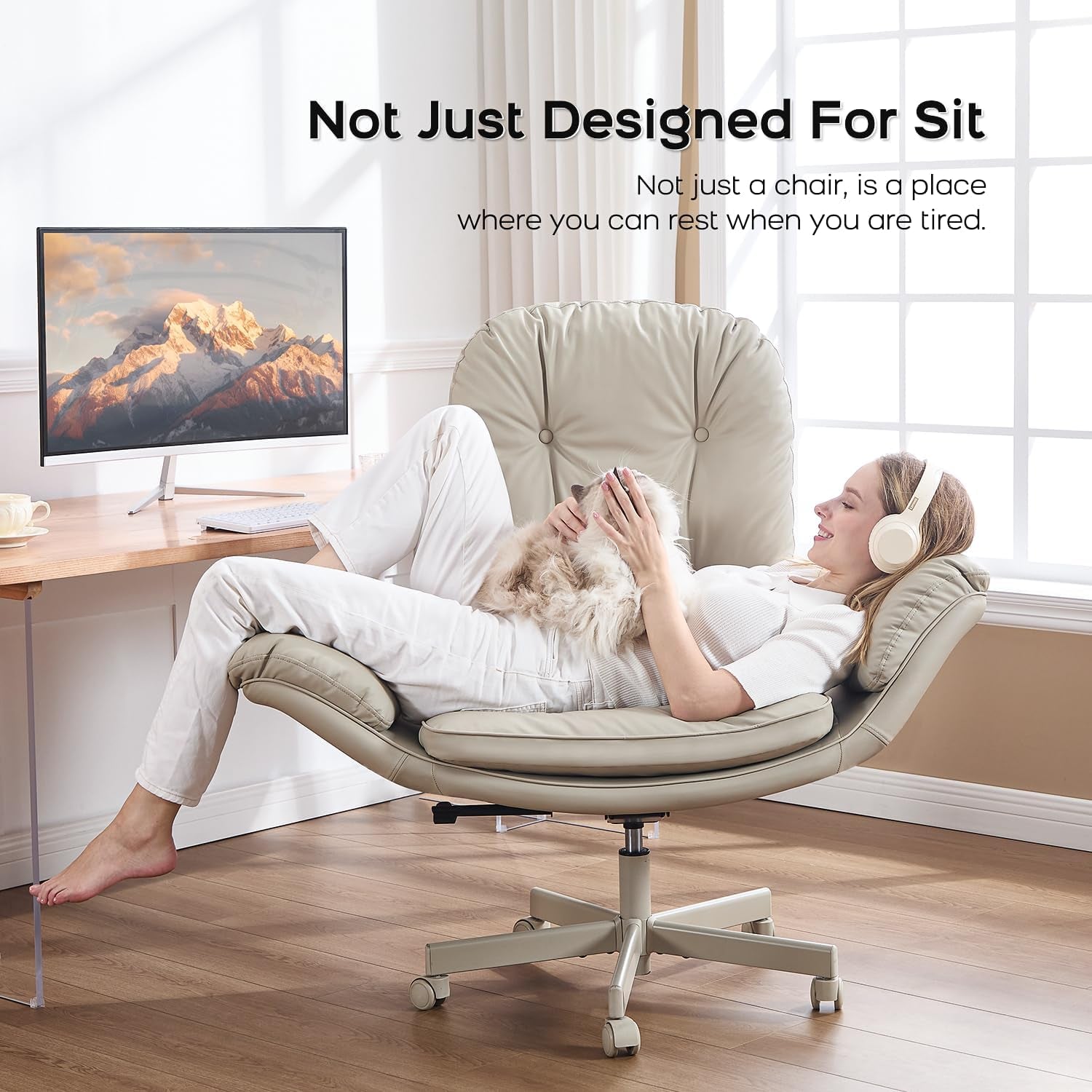 Criss Cross Chair with Armrests & Wheels for Cross-Legged Sitting ,Comfortable Adjustable Swivel Office Desk Chair –PU Leather Vanity Chair for Home, Makeup and Bedroom (Cream)