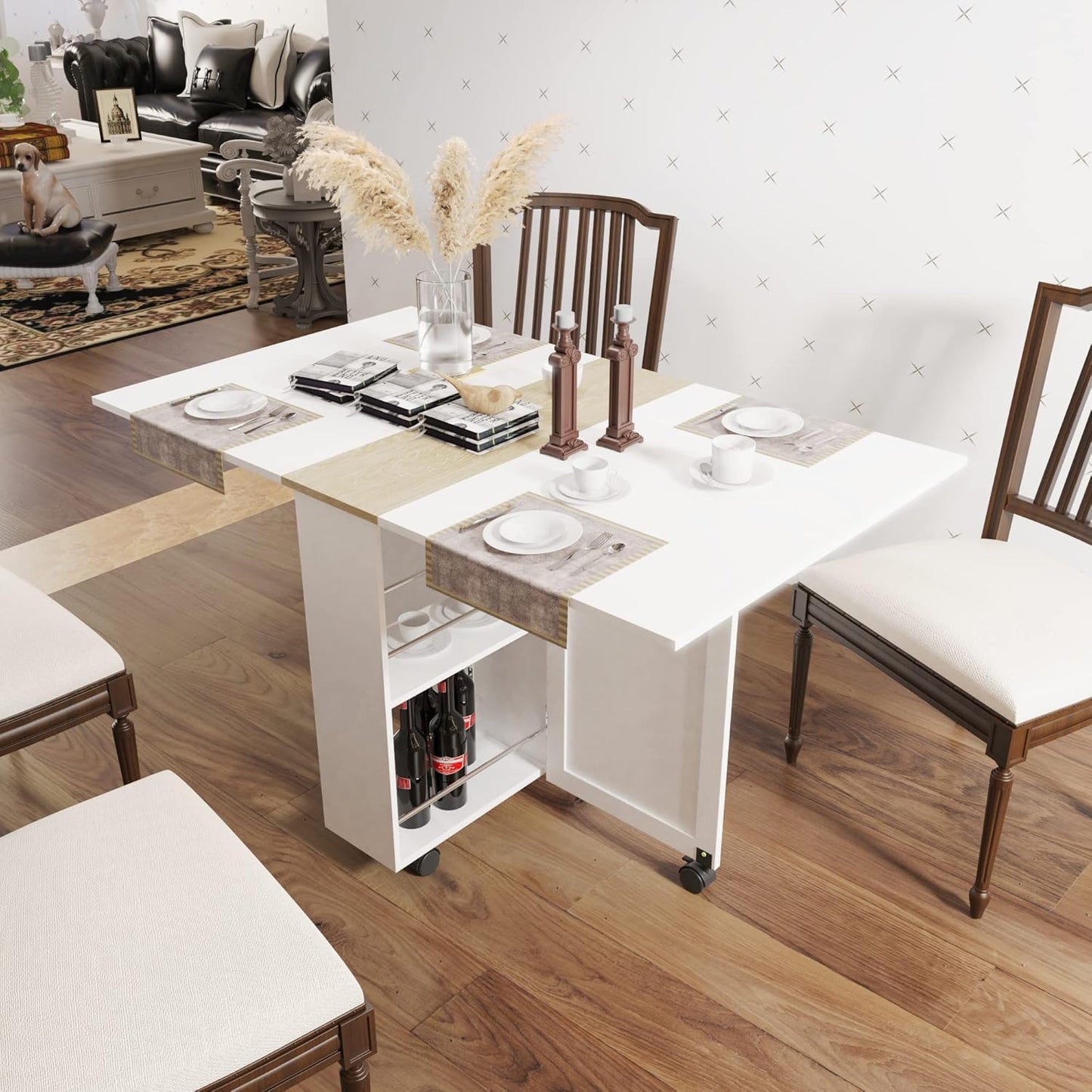 Folding Dining Table, Small Dining Table, Space Saving Dining Table with 6 Wheels, Kitchen Table Sewing Table for Small Spaces (White)
