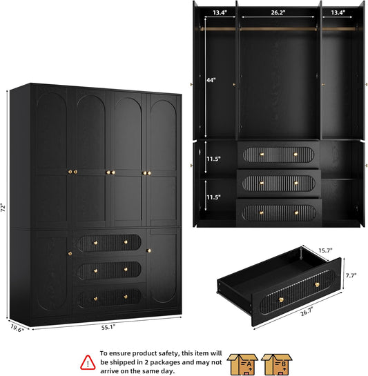 4 Doors Freestanding Armoire Wardrobe Closet, 72" Black Wardrobe Armoire Wooden Closet Large Capacity Storage with 3 Drawers & 3 Hanging Rod Shelves Clothes Organizer