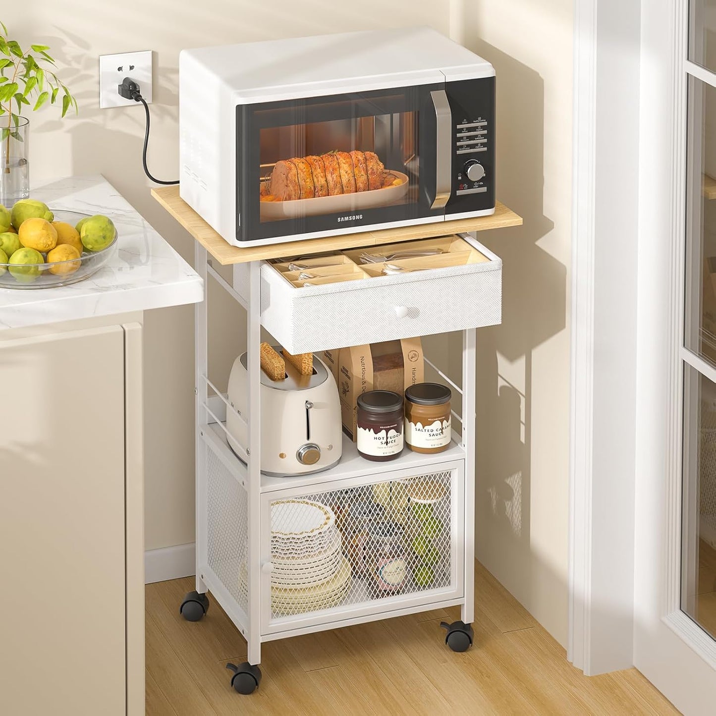 4 Tier Kitchen Island with Cabinet, Microwave Cart with Storage, Small Rolling Kitchen Cart with Drawer, Coffee Bar Station on Wheels for Living Room, White