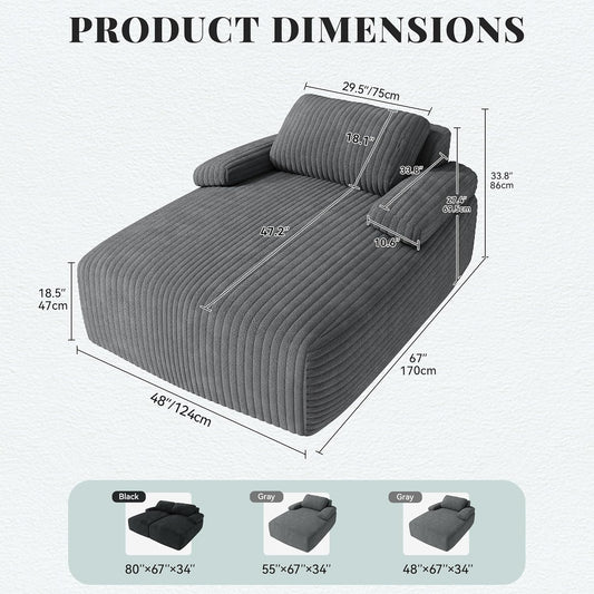 67"L X 48"W Chaise Lounge Chair Indoor, Oversized Corduroy Upholstered Boneless Sofa Bed, Deep-Seat Sleeper Couch, Reading Chair, Cloud Sofa Couch for Living Room, No Assembly Required, Grey