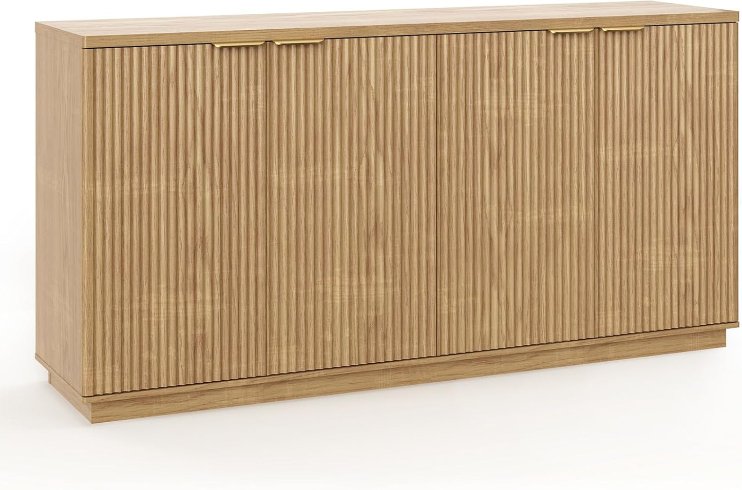 Fluted Sideboard Buffet Cabinet, 63" Wooden Credenza Storage Cabinet with 4 Doors and Adjustable Shelves, Fluted Sideboard Cabinet for Kitchen, Living Room, Natural Oak