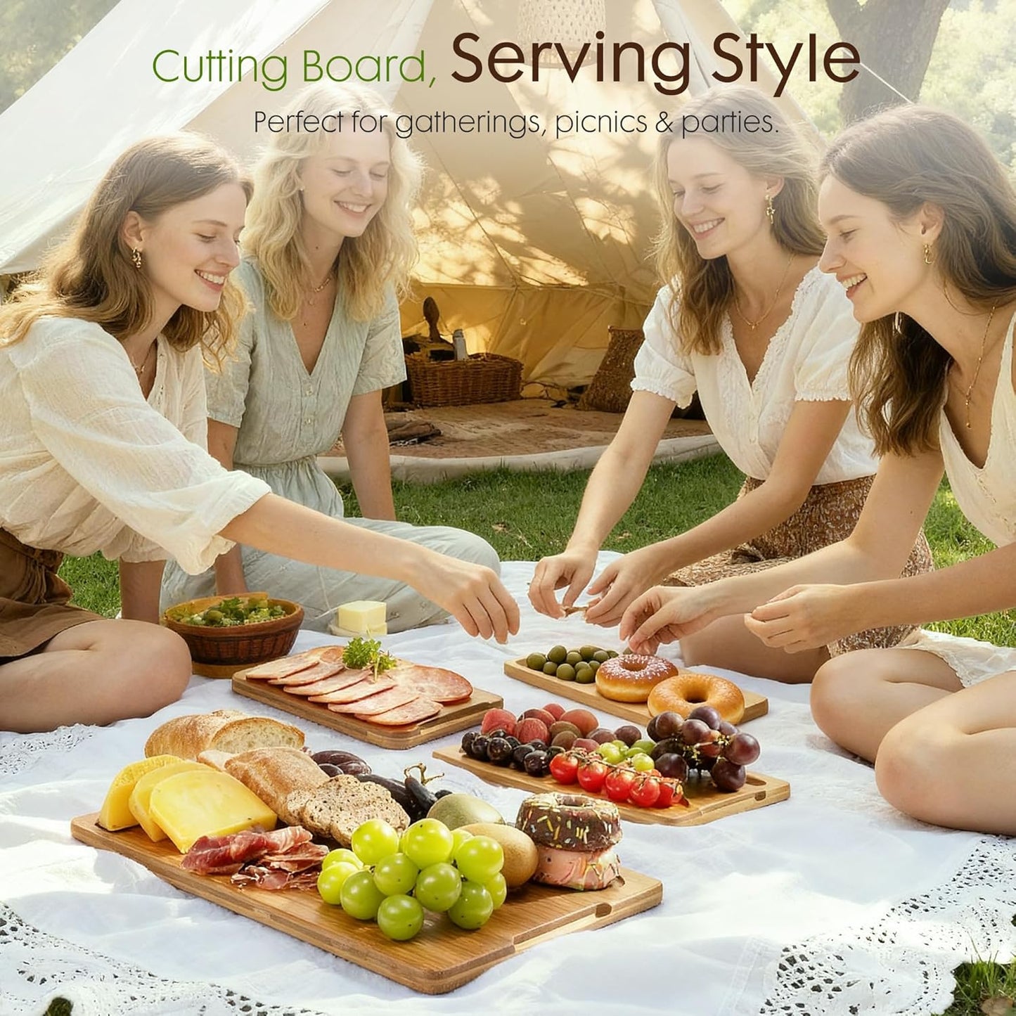 Deep-Carbonized Bamboo Cutting Boards for Kitchen with Wood Storage Stand, Reversible Charcuterie & Chopping Boards with Juice Grooves and Easy-Grip Handles, Knife-Friendly, Kitchen Gift