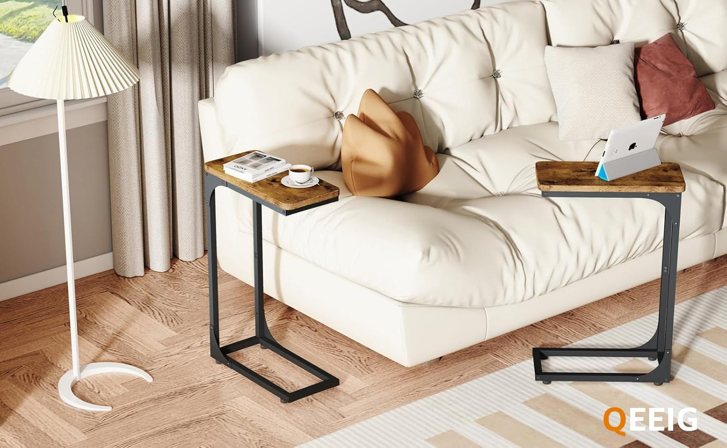 Narrow C Shaped Side Table Set of 2 Living Room Sets Slim Couch Tray Tables Skinny Thin Small Farmhouse 7 Inch Width, Rustic Brown (017-18BN)