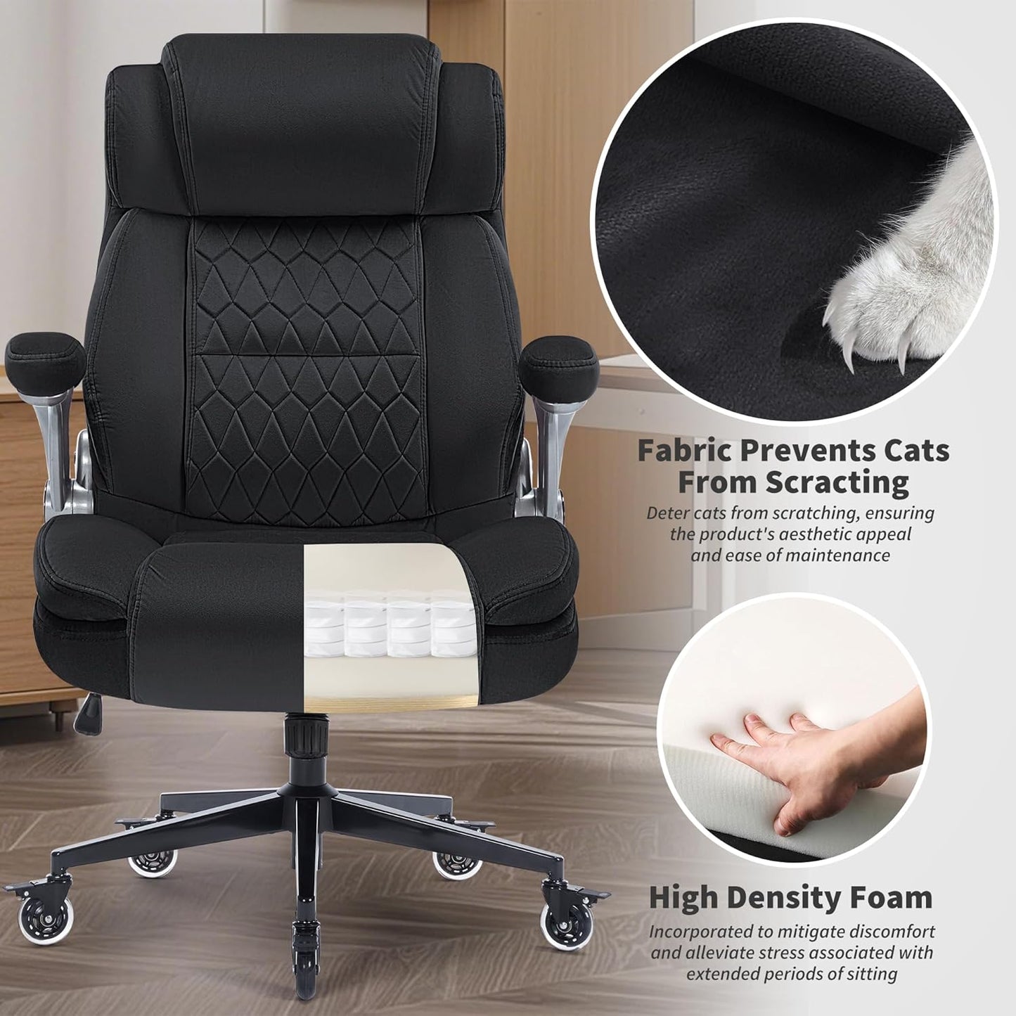 Fabric High Back Office Chair 400Lbs-Adjustable Built-In Lumbar Support,Flip Arms, Locking Wheels-Ergonomic Computer Desk Chair with Heavy Duty Base,Thick Padded Large Work Chairs for Adults Men Women
