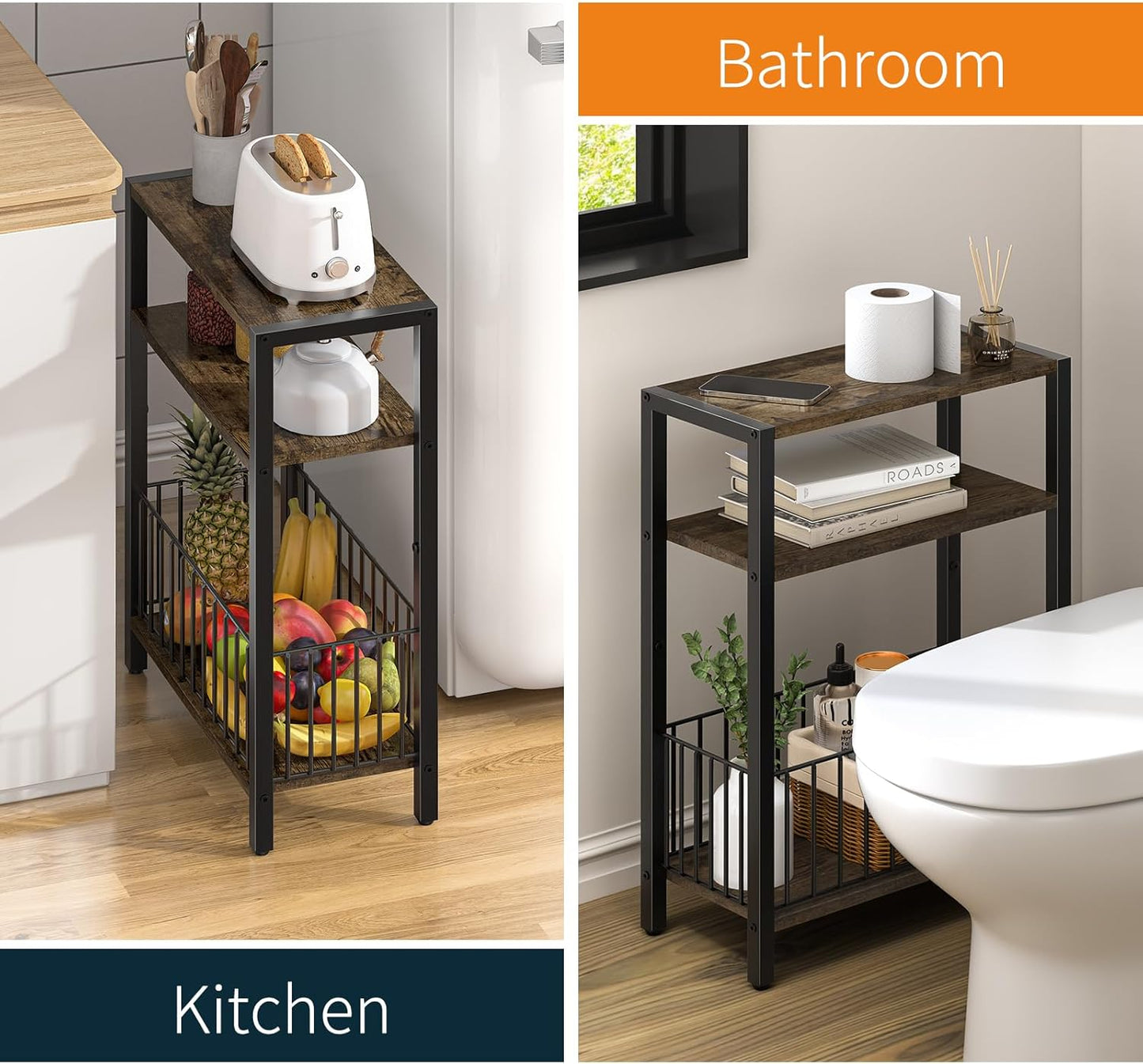 Narrow Side Table with Storage Basket, Small End Table for Small Spaces Skinny Side Tables Living Room Bedroom, Slim Nightstand 3 Tier Bedside Table Space-Saving for Magazine, Rustic Brown