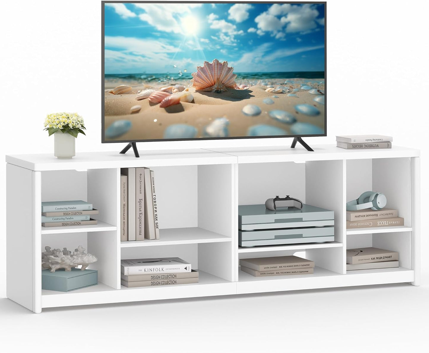 TV Stand for Tvs up to 75 Inches, Entertainment Center with Storage Shelves, TV Console Table, Easy to Assemble, TV Cabinet for Living Room, Bedroom, Cloud White ULTV112W01