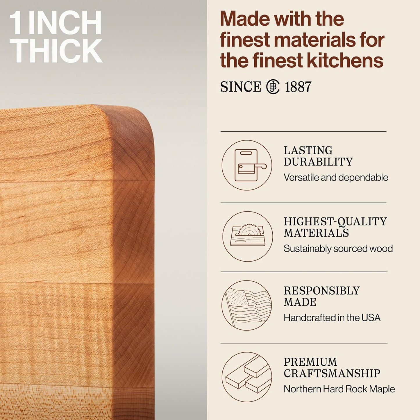 Chop-N-Slice Series Rectangular Wooden Maple Cutting Board 16”X10” – 1” Thick, 4.5-Lb Reversible Butcher Block with Eased Corners, Edge-Grain & Finger Grips – Made in the USA