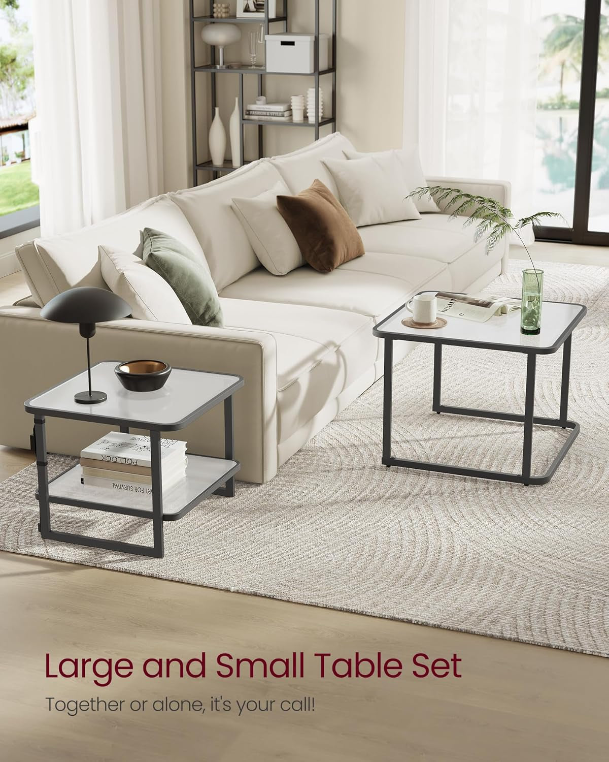 Nesting Tables Set of 2, Frosted Glass Coffee Table with LED Lights, Modern Square Side Tables with Bottom Shelf, for Living Room, Bedroom, Office, Cloud White and Ink Black ULCT246B01