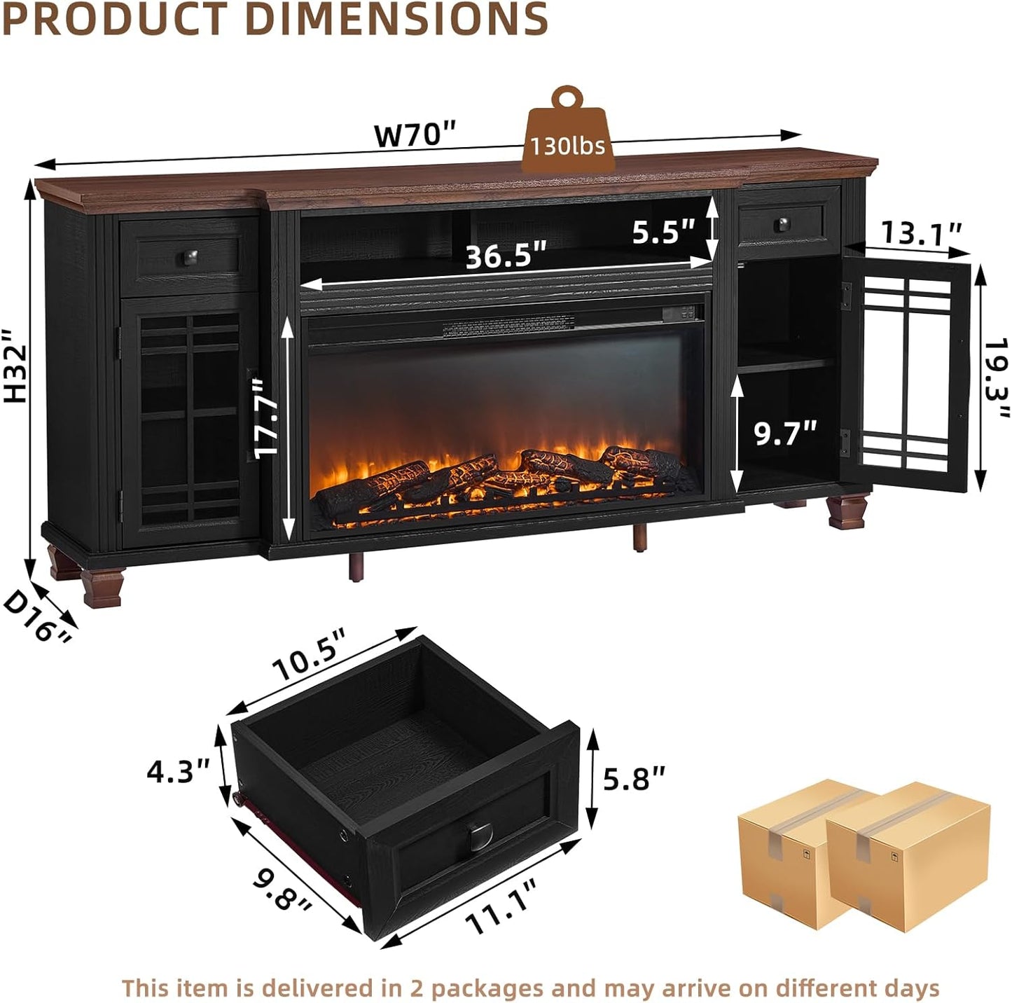 70" Fireplace TV Stand with 36”Silent Electric Fireplace, Farmhouse Entertainment Center for Tvs up to 80", 2 Drawers TV Console with Glass Door Cabinet, Black Tvs Cabinet for Living Room