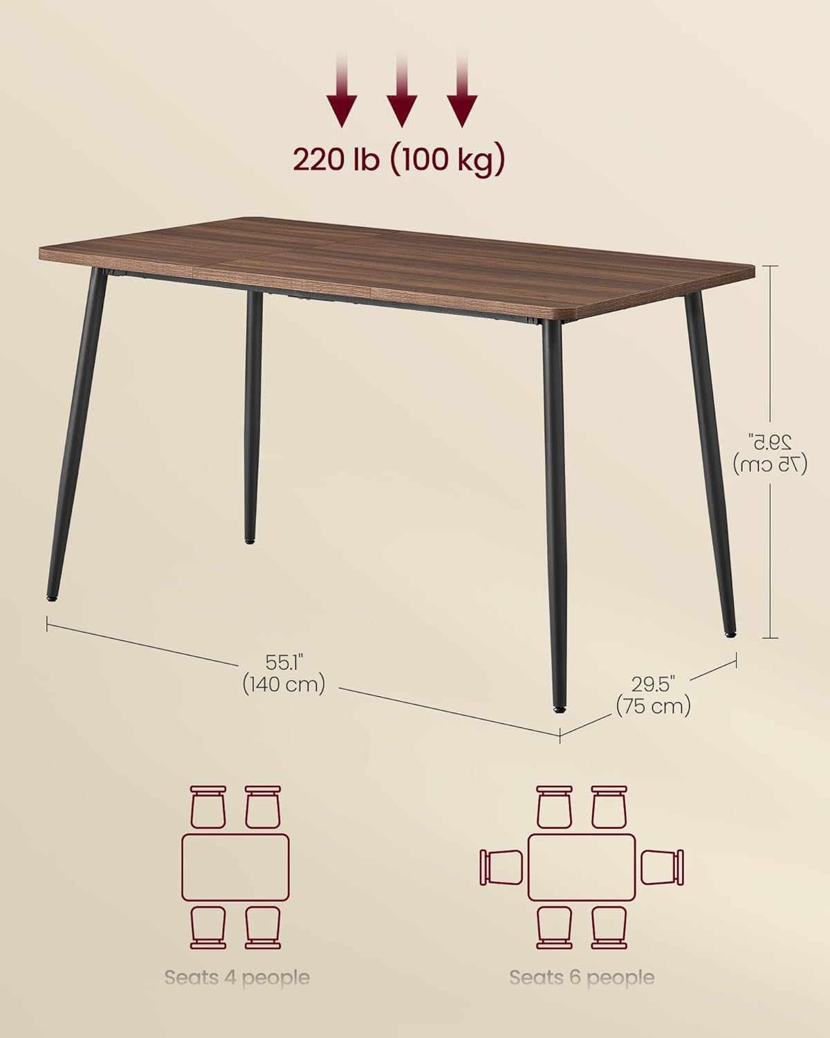 Dining Table, Dining Room Table for 4-6 People, Modern Farmhouse, for Kitchen, Quick Assembly, Heat-Resistant Surface, 29.5 X 55.1 X 29.5 Inches, Natural Walnut and Ink Black UKDT100K02V1