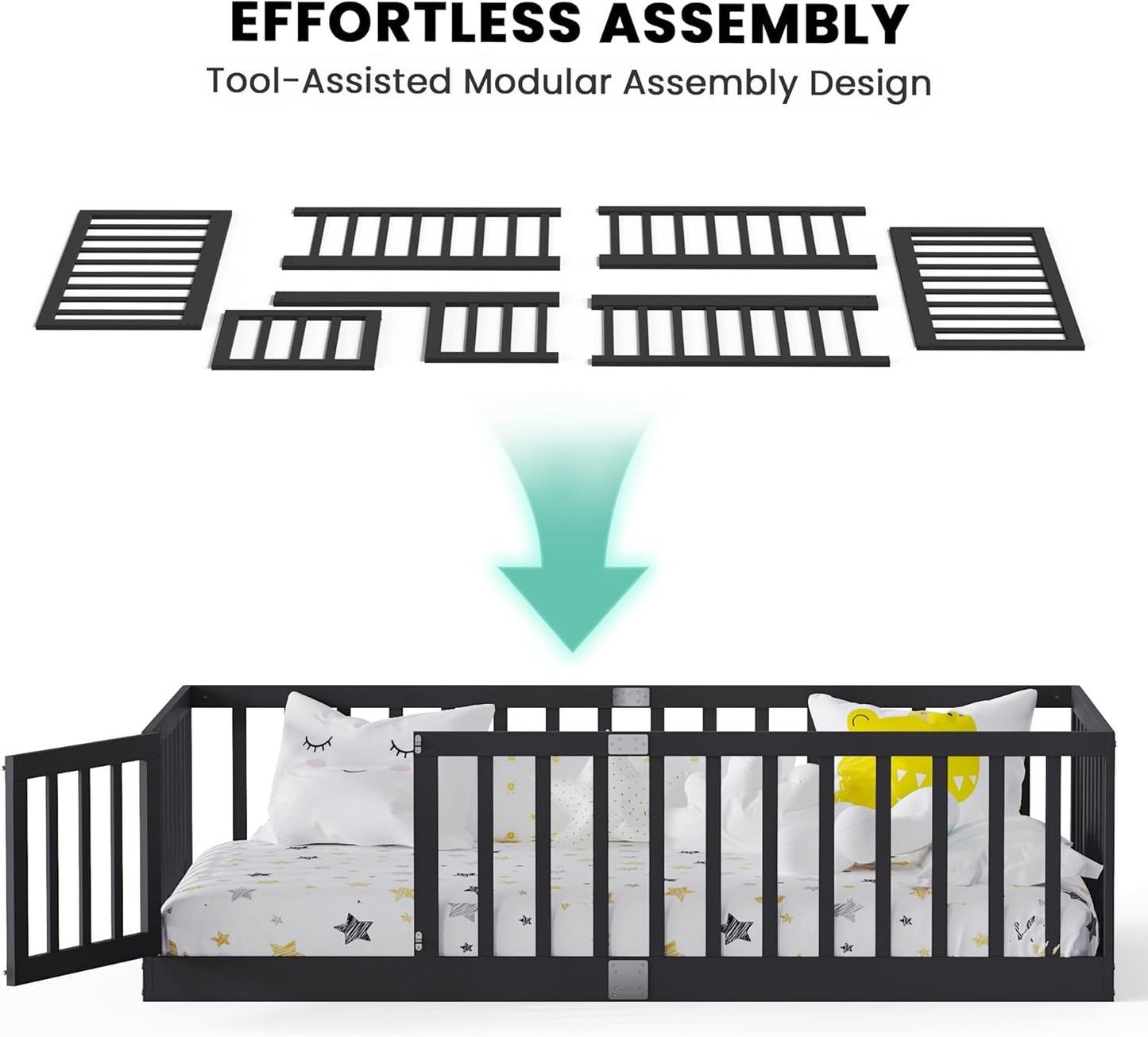 Twin Size Floor Bed for Kids Wooden Toddler Floor Bed Frame Safe Comfortable Baby Floor Bed for Children,Black,40.9"*77.5"(Mattress Not Included)