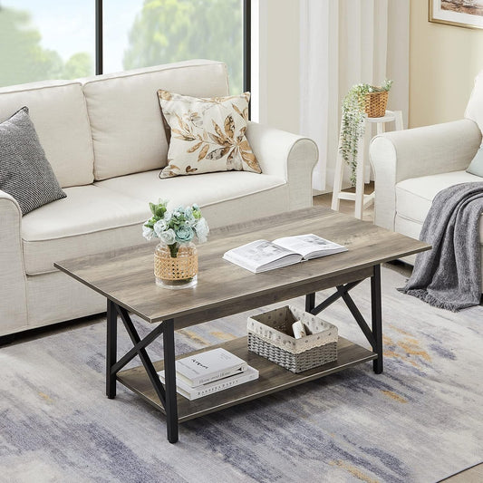 Coffee Table with Storage, 39Inch Modern 2-Tier Coffee Tables for Living Room, X-Frame Design Farmhouse Coffee Table Space Saving Living Room Small Tables, Easy Assembly, Grey Wash