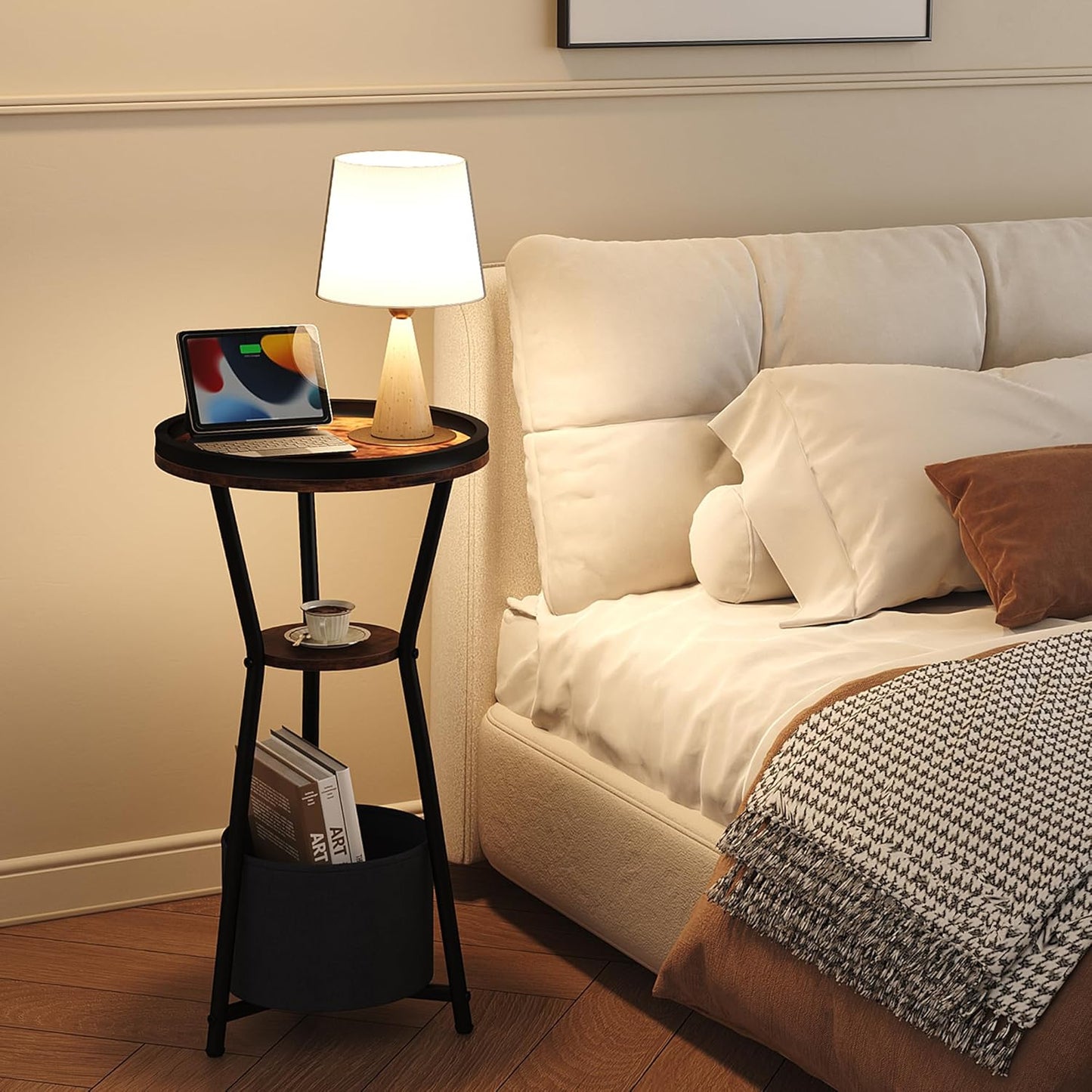 round Side Table, Small Drink Table for Small Spaces, 3-Tier Industrial End Table, Accent Nightstand Bedside Table for Living Room, Bedroom, Sofa Couch, Rustic Brown