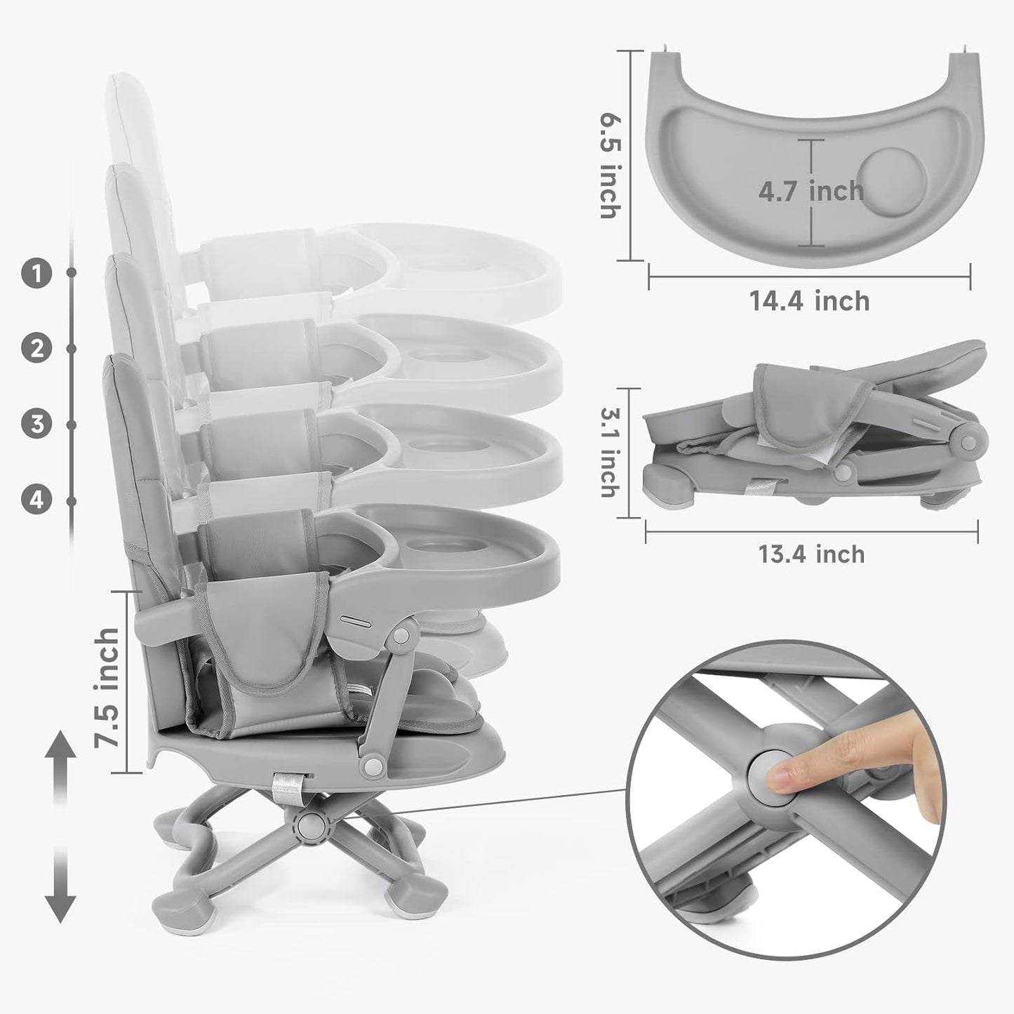 Baby High Chair Booster Seat for Dining Table, Adjustable Height Travel Foldable High Chairs with Tray