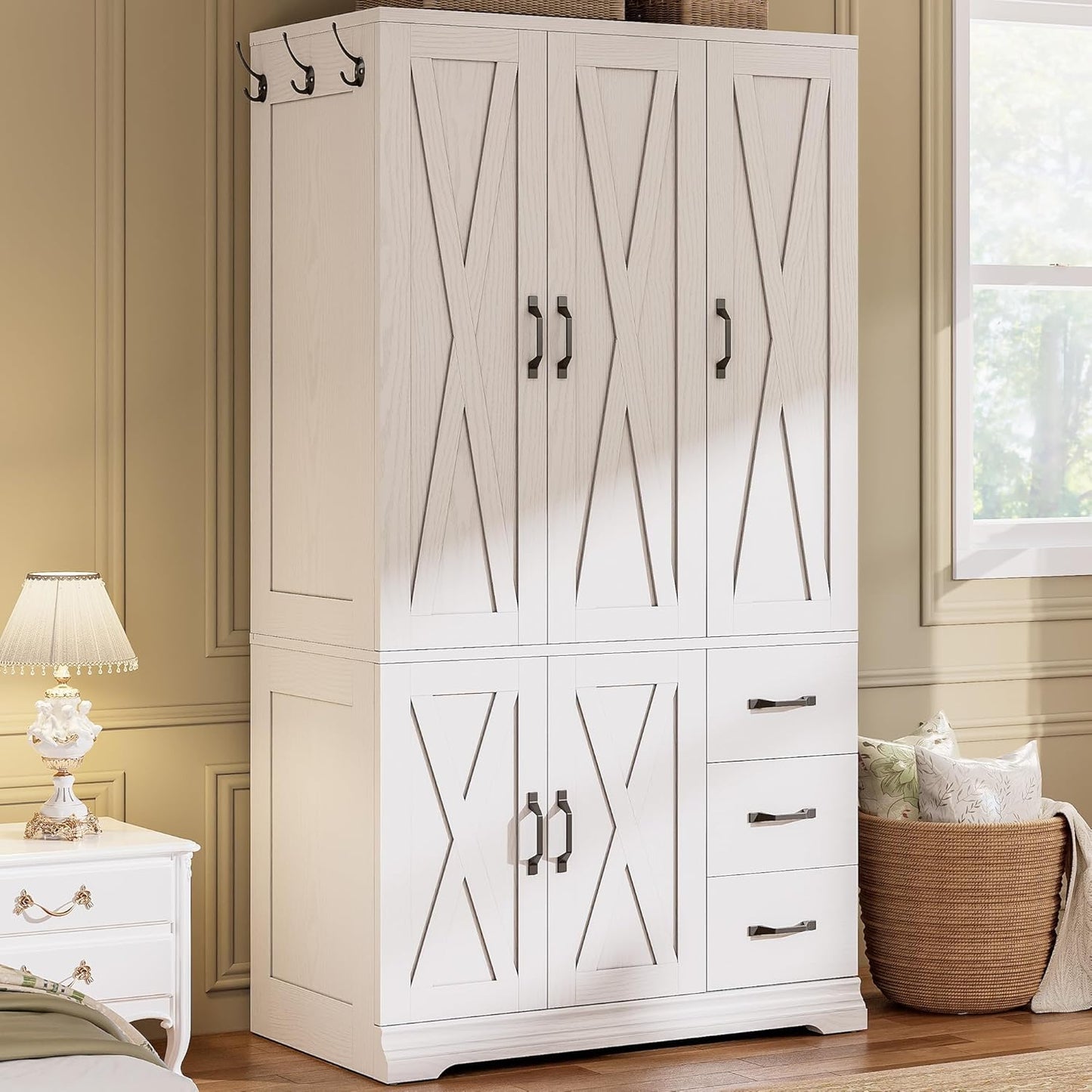 Wardrobe Closet with 5 Cabinet Doors and 3 Drawers, Large-Capacity Deep Armoire for Bedroom with 3 Side Hooks, Hanging Rod and anti - Tip Kit, White