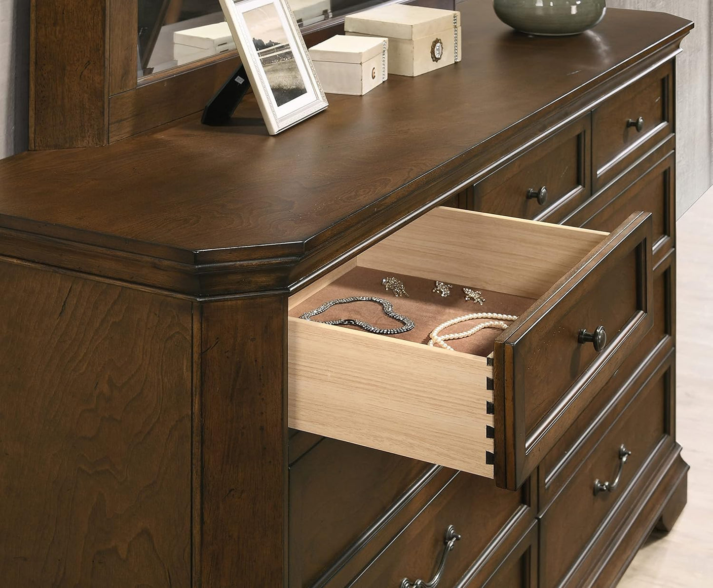 Maderne Traditional Wood Panel Bed with Dresser, Mirror, Two Nightstands, Chest, King, Antique Walnut Finish