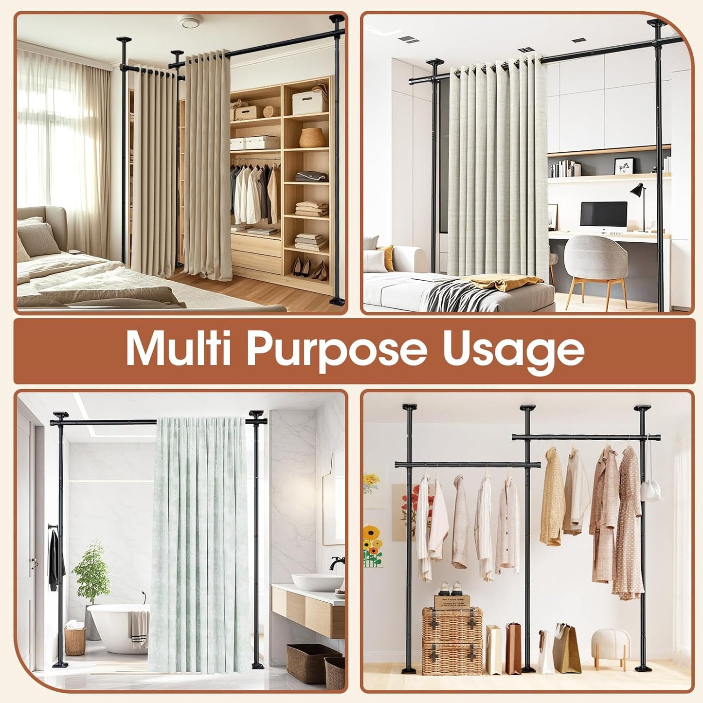 Room Divider No Drilling Curtain Rod Wall Divider for Room Separation, 4-10Ft(H) 28-114Inch(W) Adjustable, Heavy Duty Partition Space Separator Freestanding Tension Curtain Stand, Black