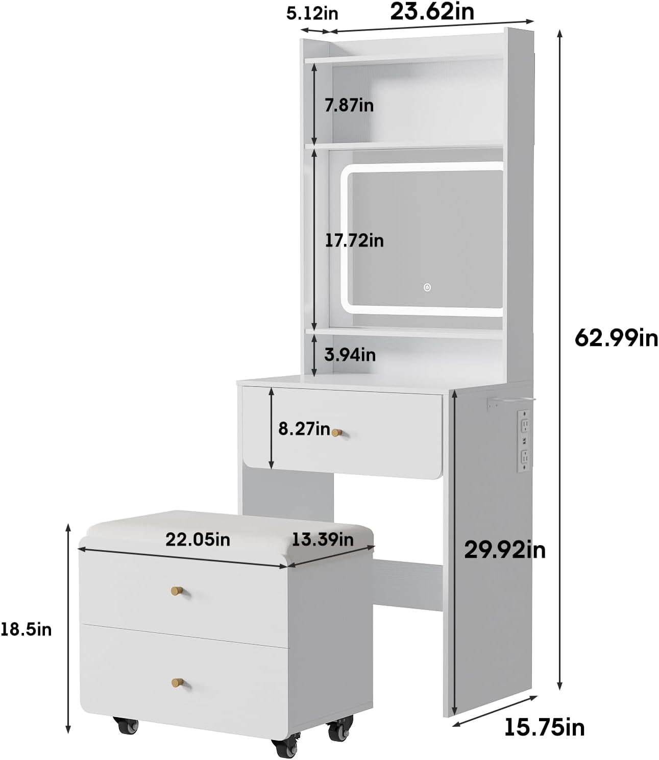 Make up Vanity Desk with Mirror and Lights, White Vanity Table Set with Charger Station,Girls Small Vanity and Storage Chair