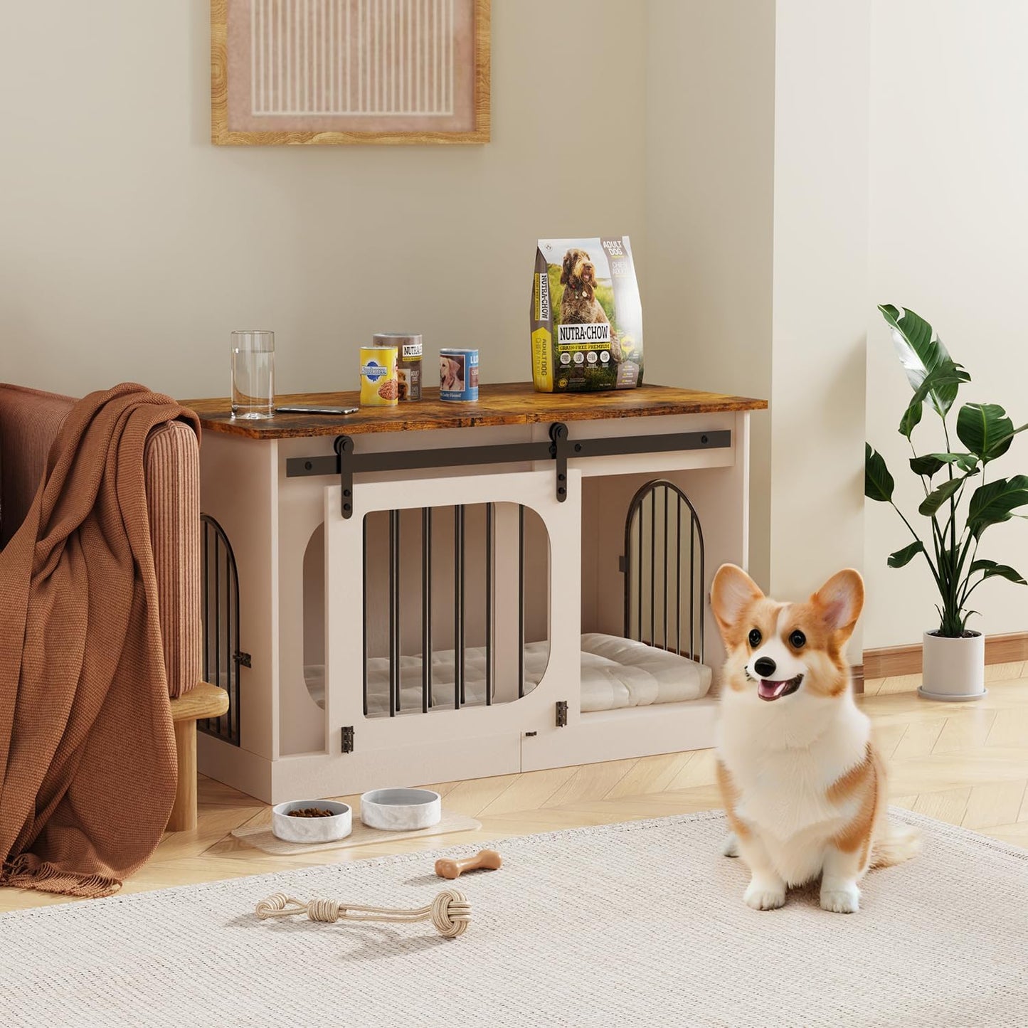 XL Dog Kennel Furniture,39.4 Inch Farmhouse Crate Furniture with Cushion Decorative White Dog Kennel Indoor Thick Wooden Pet House End Table Modern Cage Furniture for Small/Medium/Large Dog