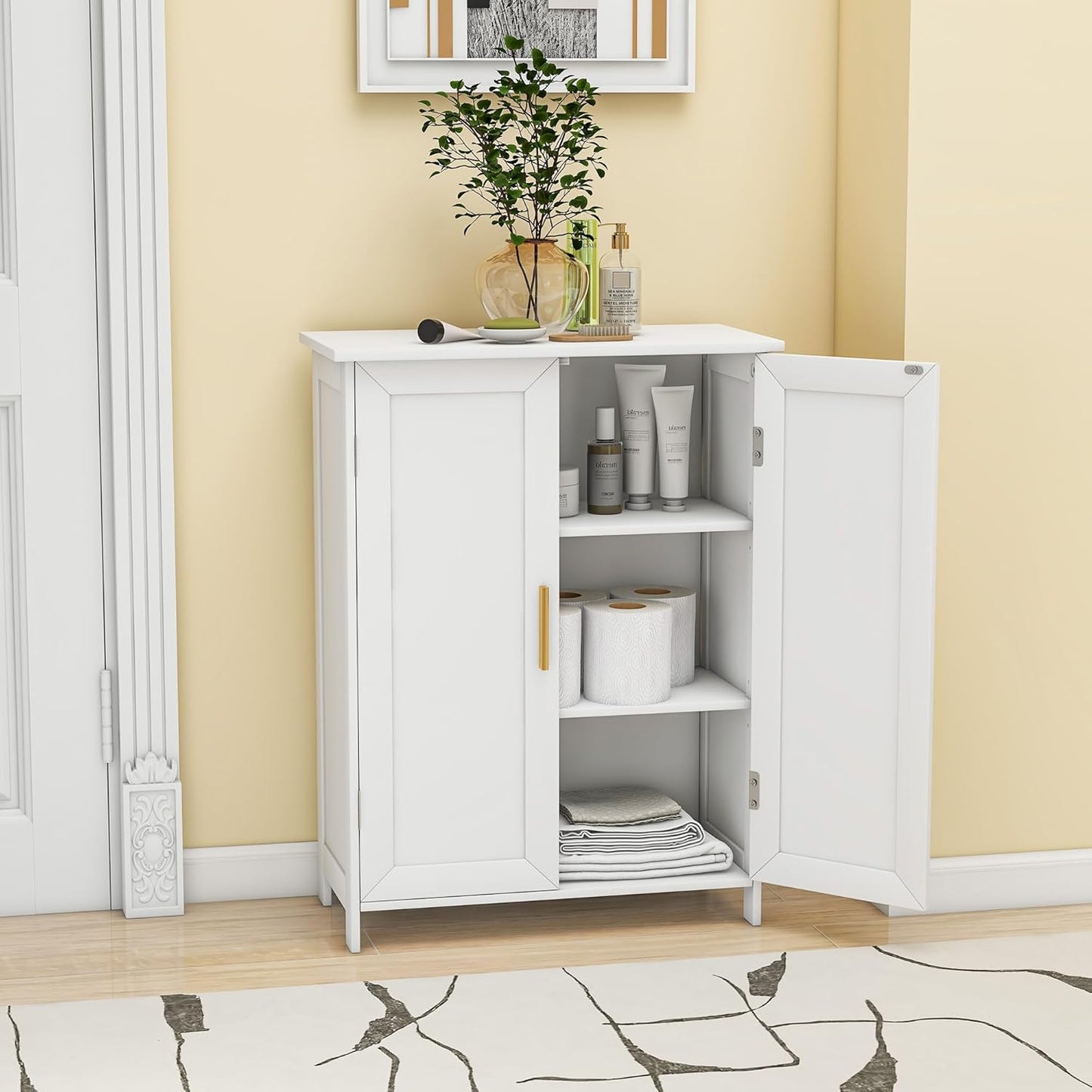 Bathroom Storage Floor Cabinet Freestanding Organizer with Adjustable Shelves for Bathroom Bedroom Laundry Room,4 Doors