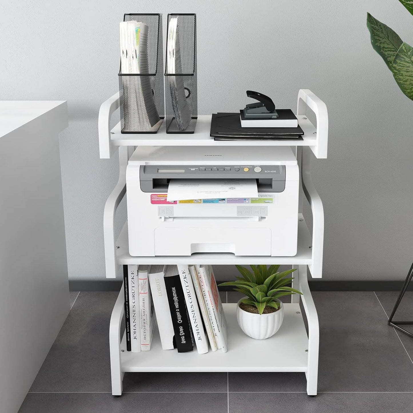3-Tier Printer Stand with Wheels Movable Storage Cart Floor-Standing Multi-Purpose Shelf Rack for Media Player Scanner Files Books Microwave Oven in Kitchen Living Room Home Office (White)