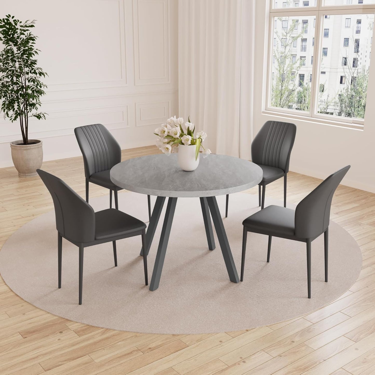 34.6'' round Dining Table and Chairs for 4, Mid Century Modern round Table Set, Space Saving for Apartment Kitchen Dining Room (Grey Table+4 Black Chairs)
